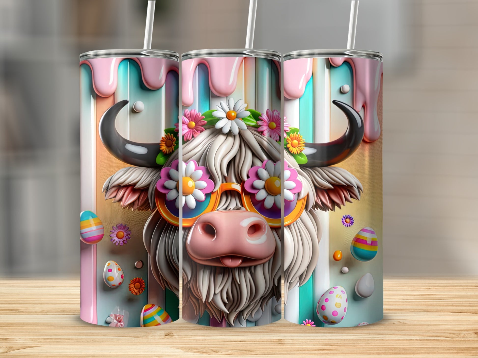 Tuscan cow with sunglasses and Easter eggs, colorful dripping paint background.