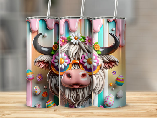 Tuscan cow with sunglasses and Easter eggs, colorful dripping paint background.