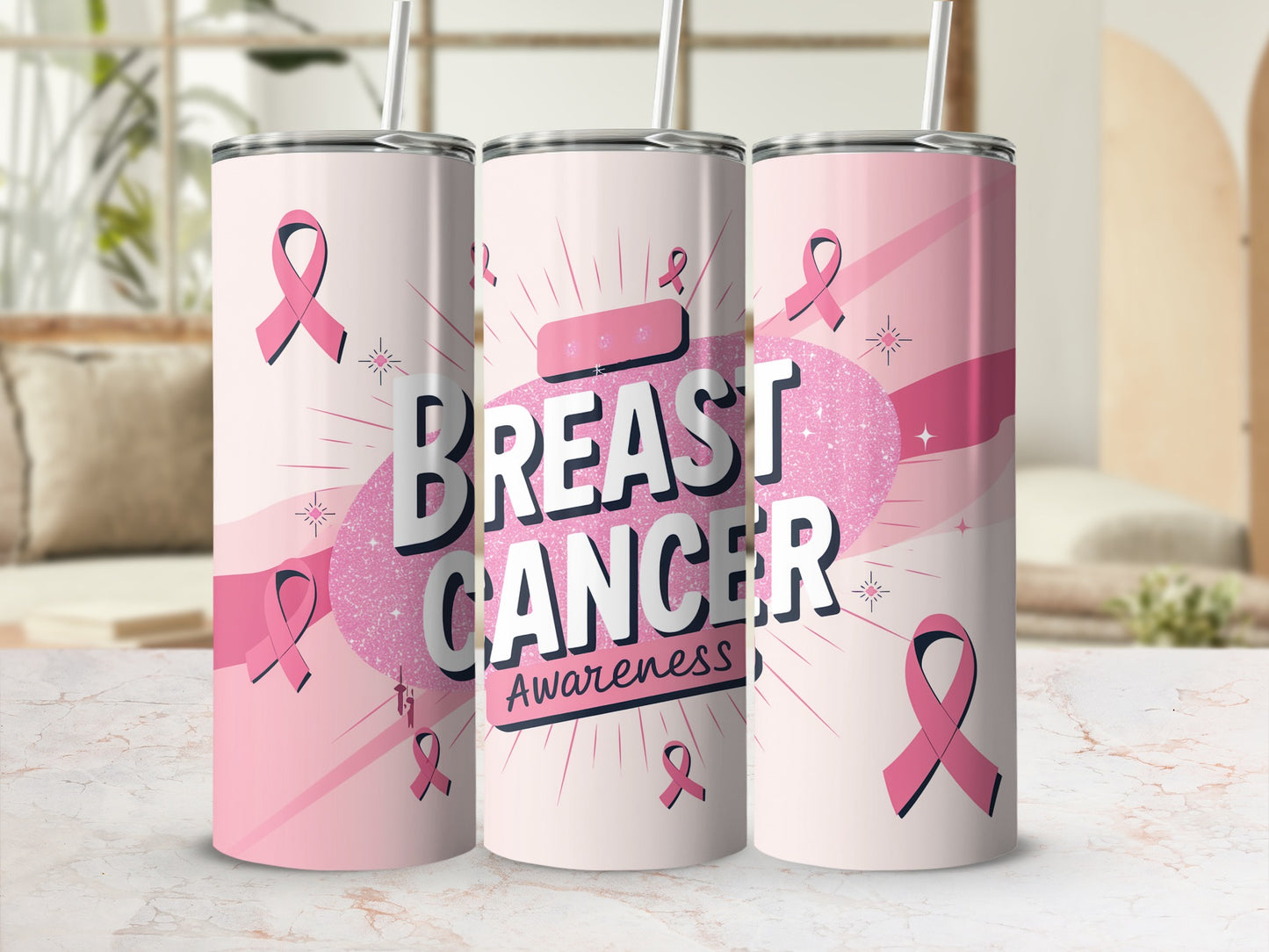 Pink tumbler with "Breast Cancer Awareness" text and ribbon graphics.