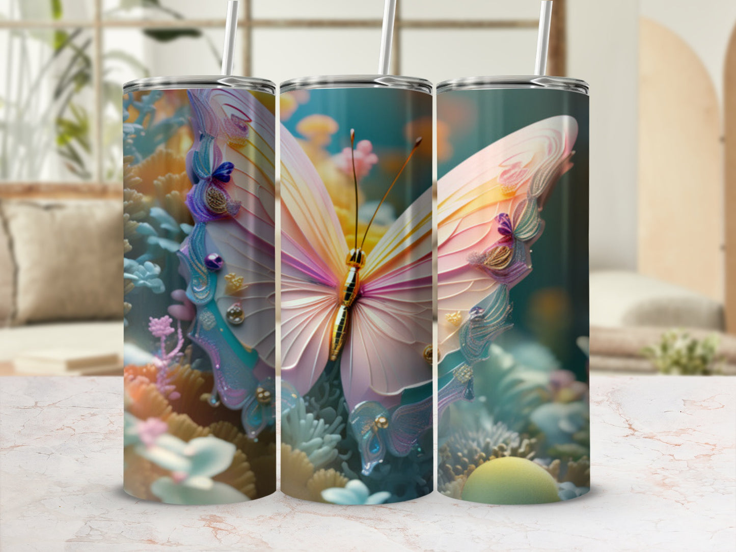 Three tumblers featuring a pink and yellow butterfly surrounded by coral and floral designs.