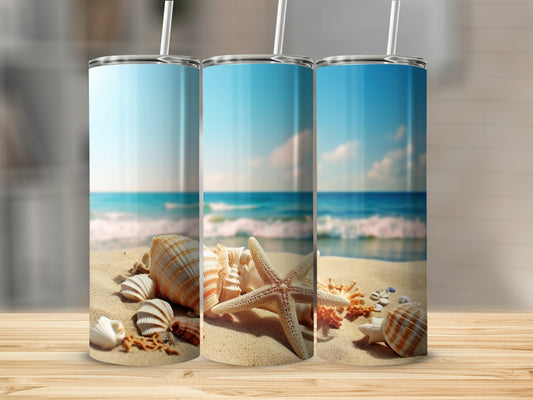 Three tumblers with beach scene, shells, and starfish.