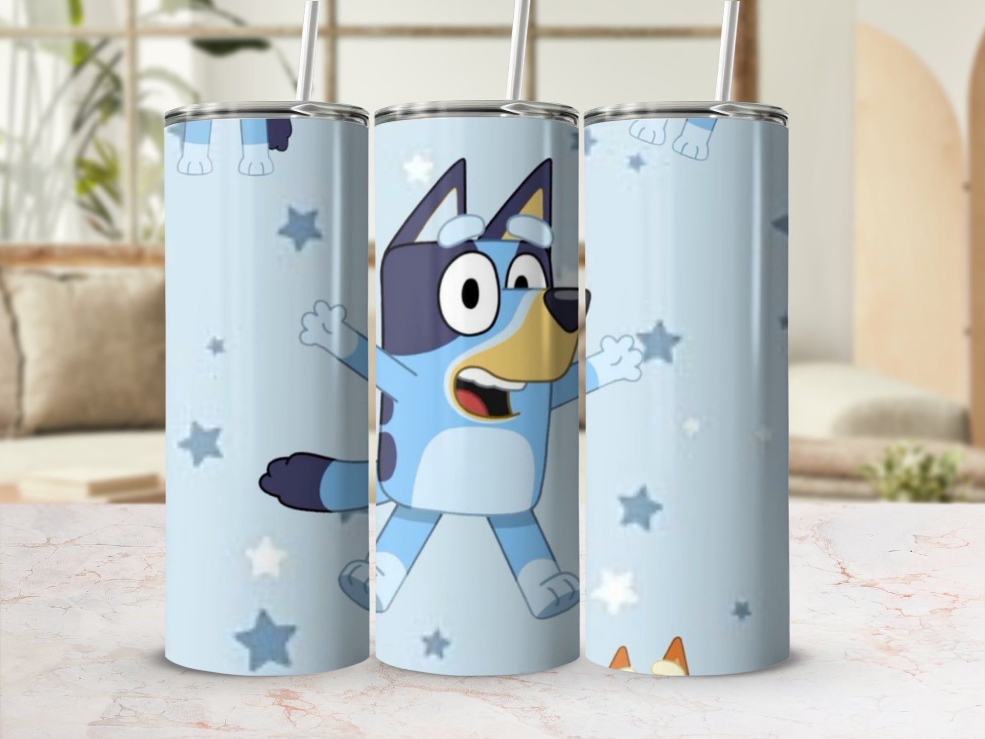 Blue Cartoon Dog Character with Stars Tumbler