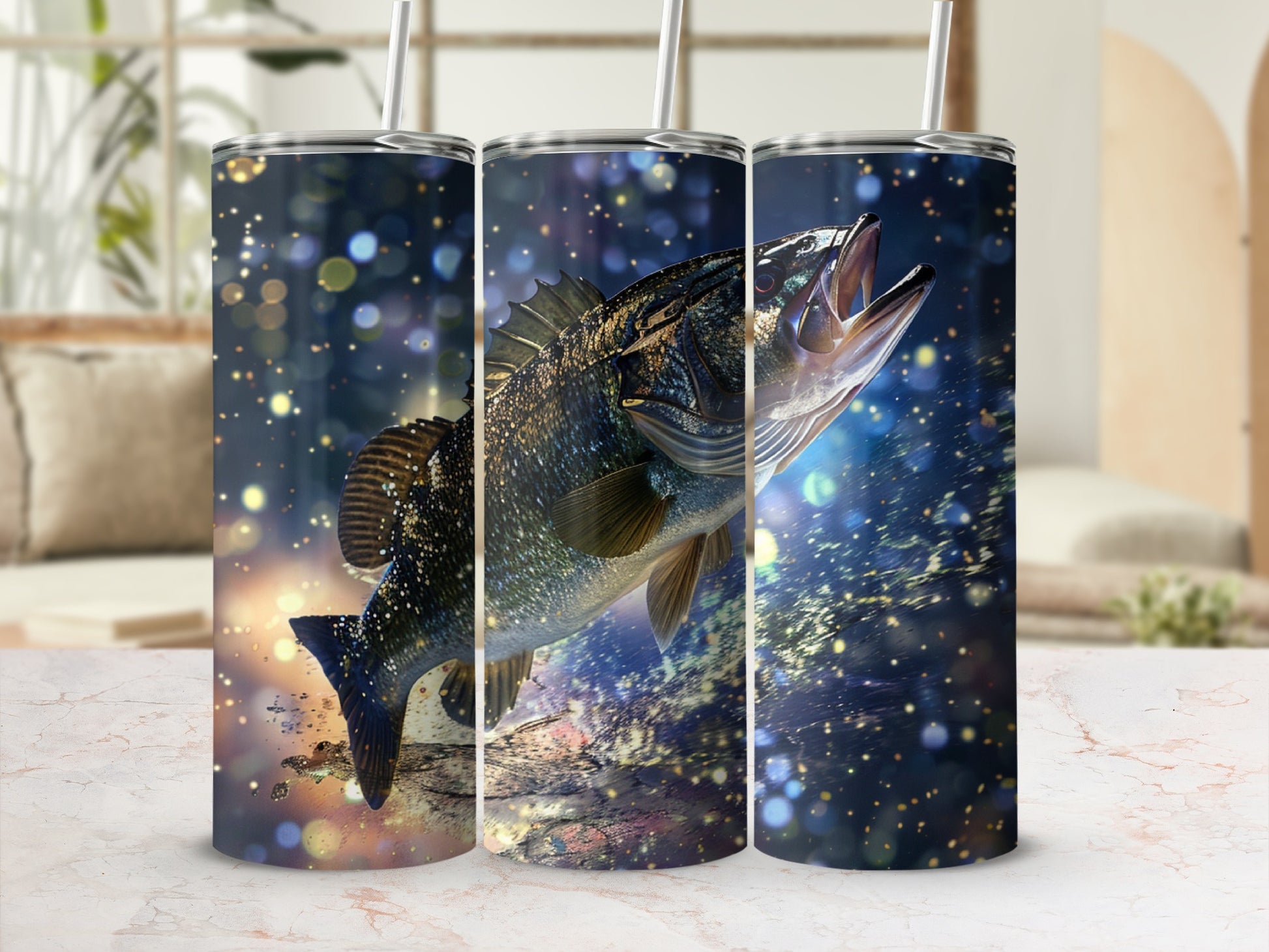 Fishing tumbler with jumping fish and bokeh background.