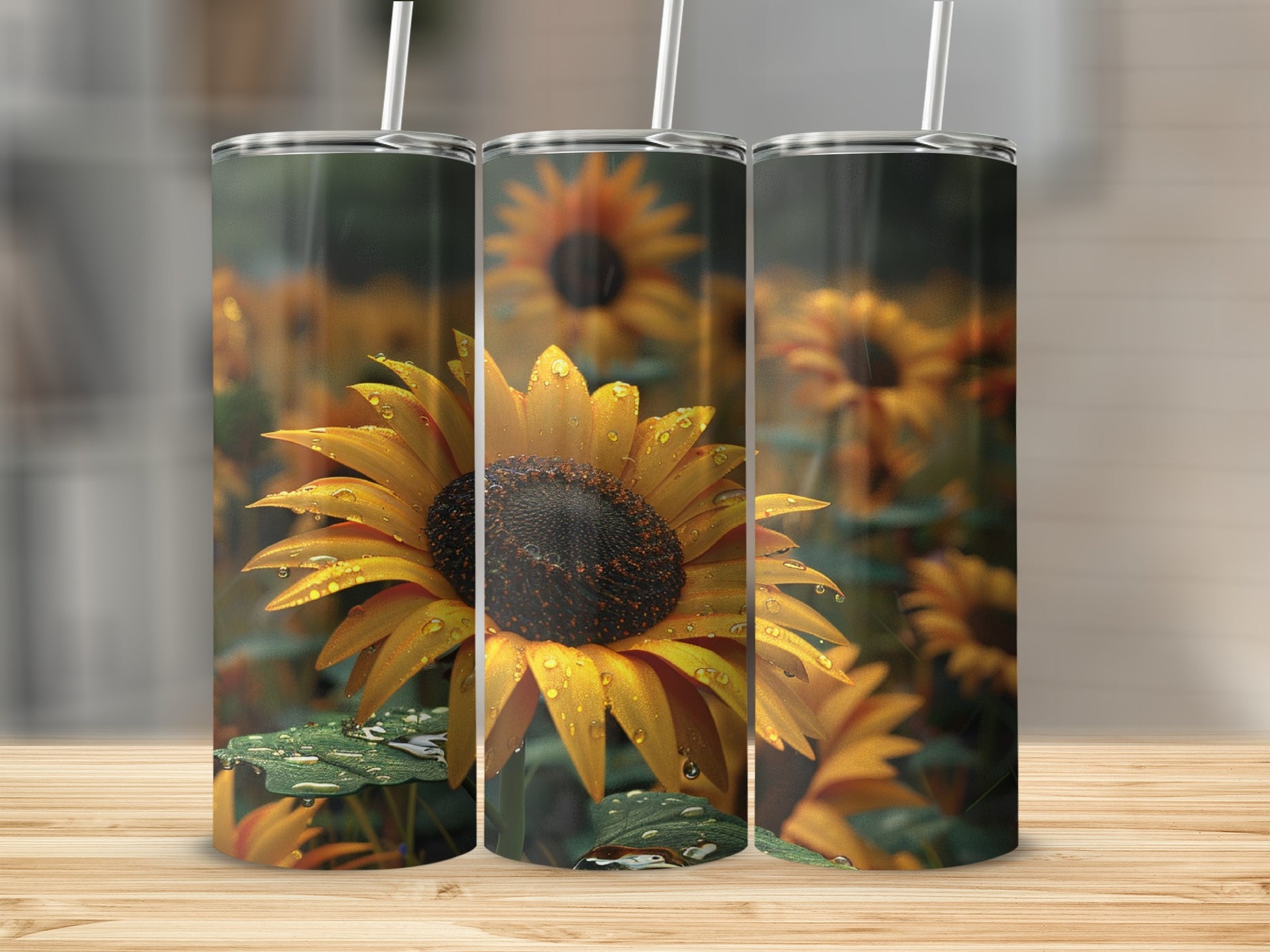 Three tumblers featuring a close-up of a sunflower with water droplets.