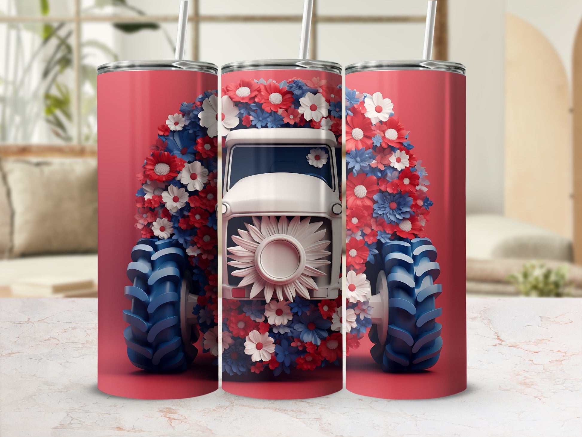 Red tumbler with white and blue flowers forming a tractor shape.