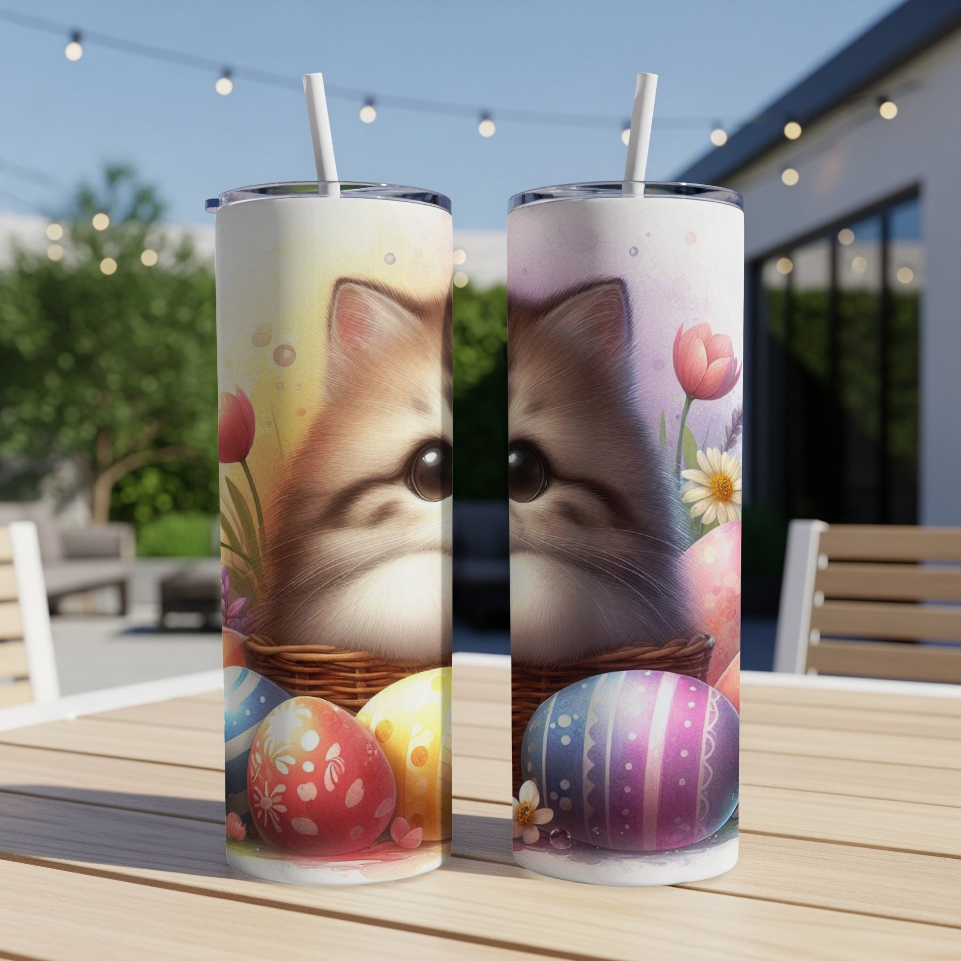 Two Easter-themed tumblers with kittens and painted eggs on a table.
