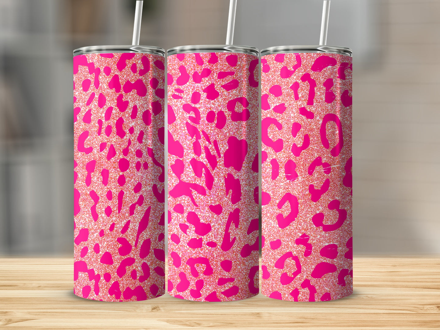 Pink Leopard Print Glitter Tumbler with Straw Product