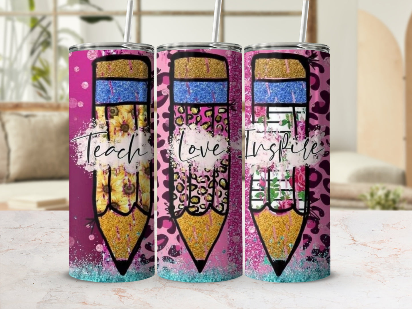 Teach Love Inspire Pencil Theme Colorful Print Tumblers