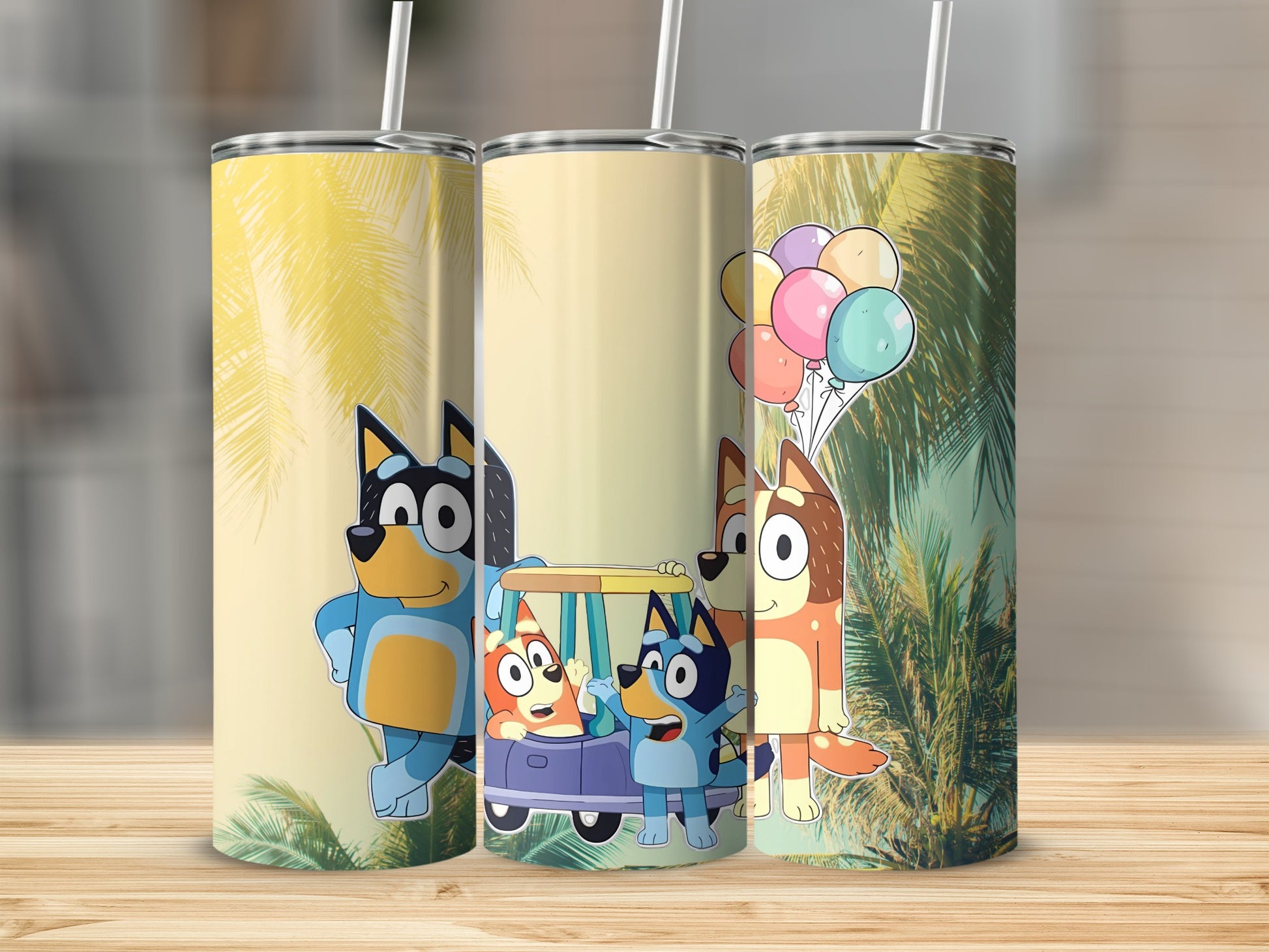 Colorful Cartoon Characters with Balloons Drinking Cup