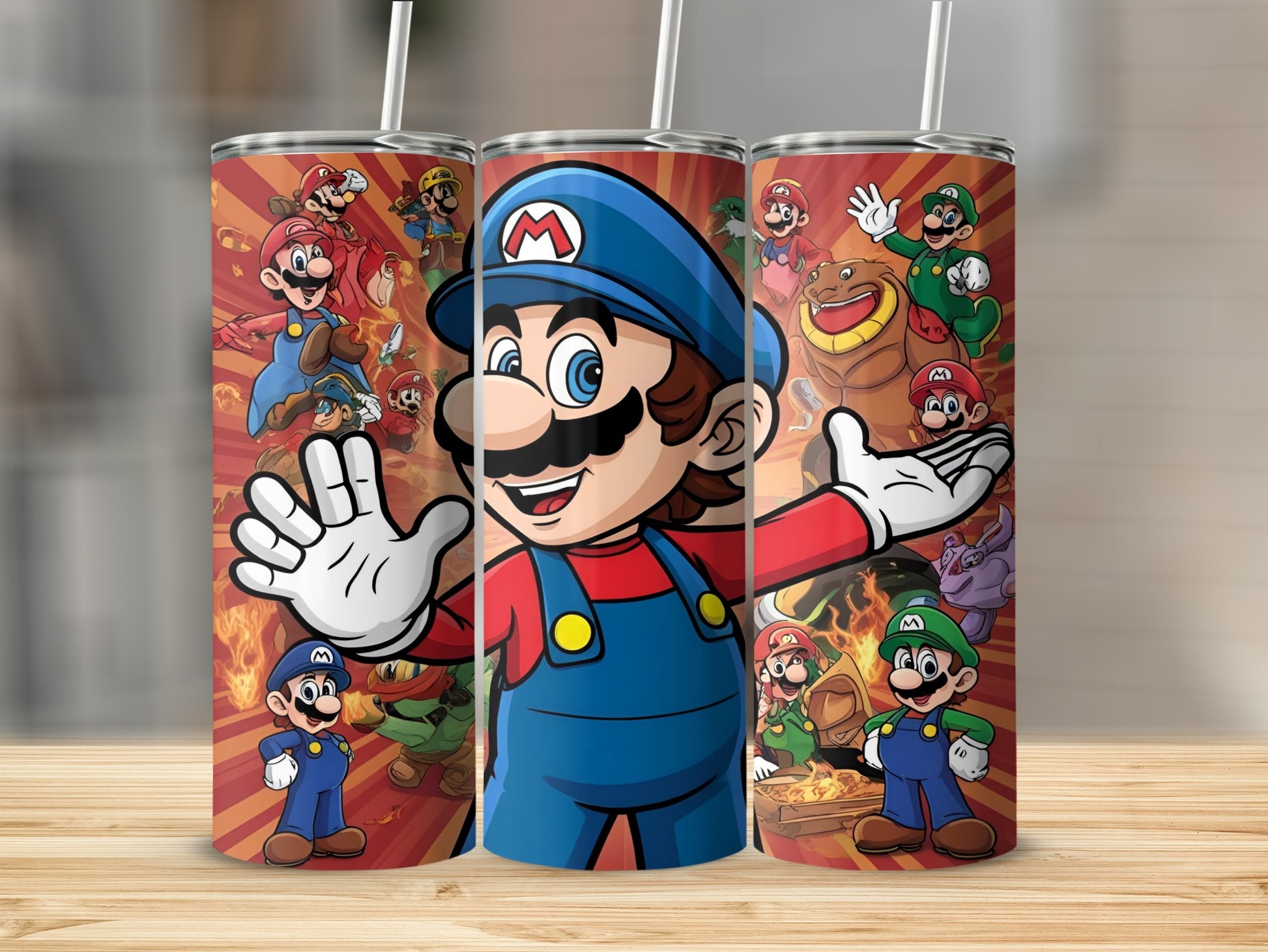 Mario characters on a tumbler: Mario, Luigi, Bowser, Toad, and Yoshi.