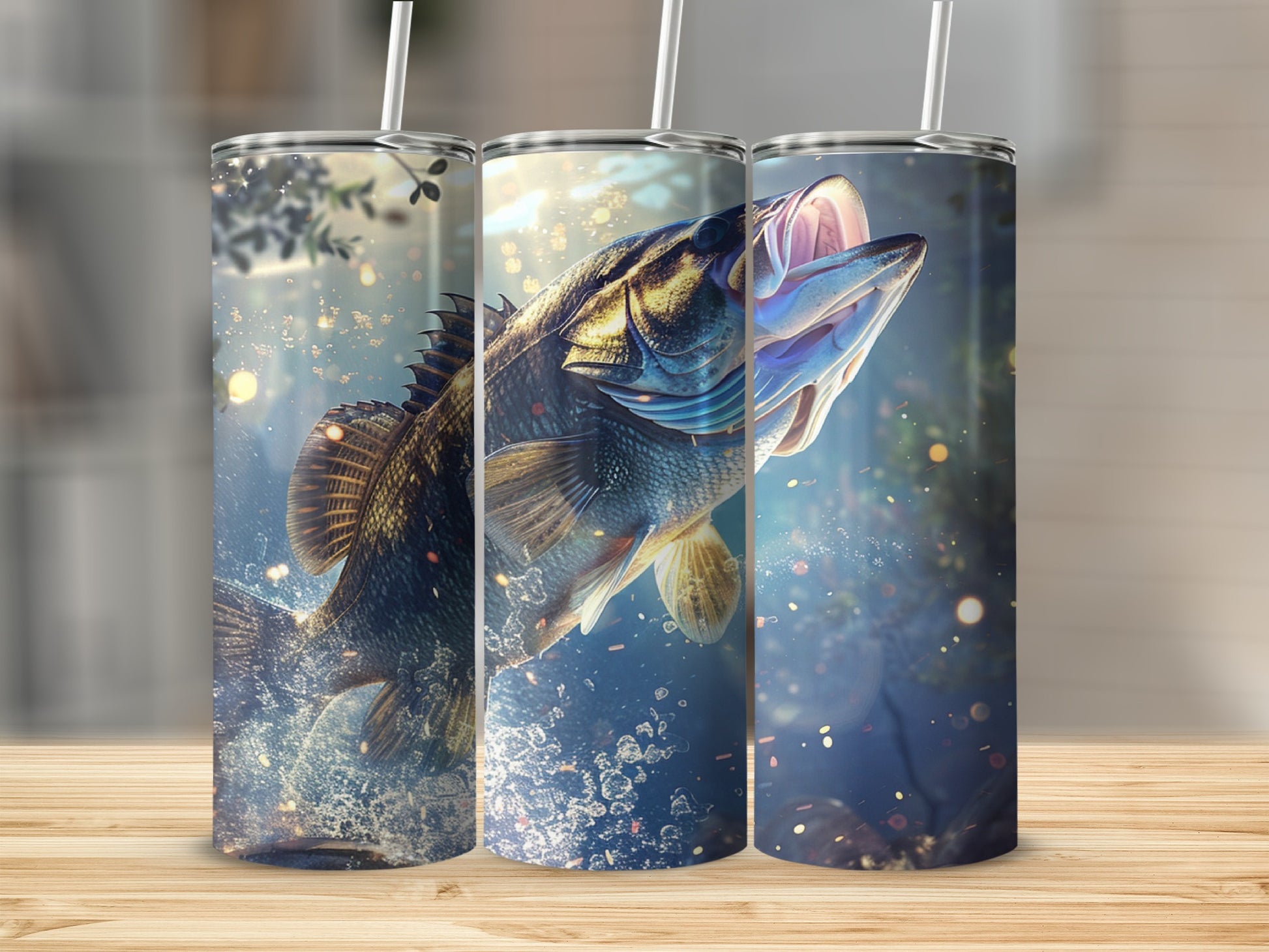 Fish leaping from water on a tumbler with straw.