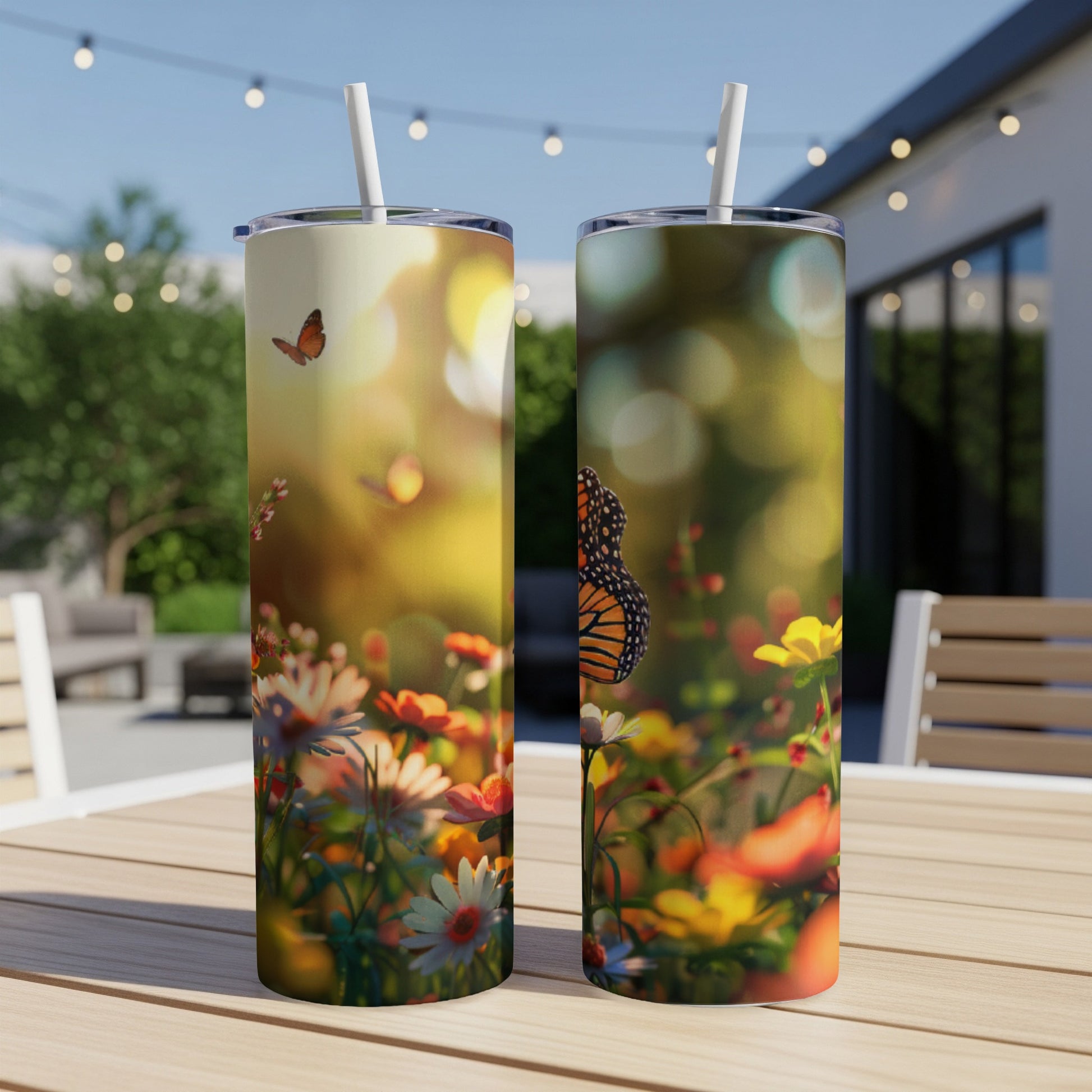 Two tumblers with monarch butterflies and flowers, displayed outdoors on a table.