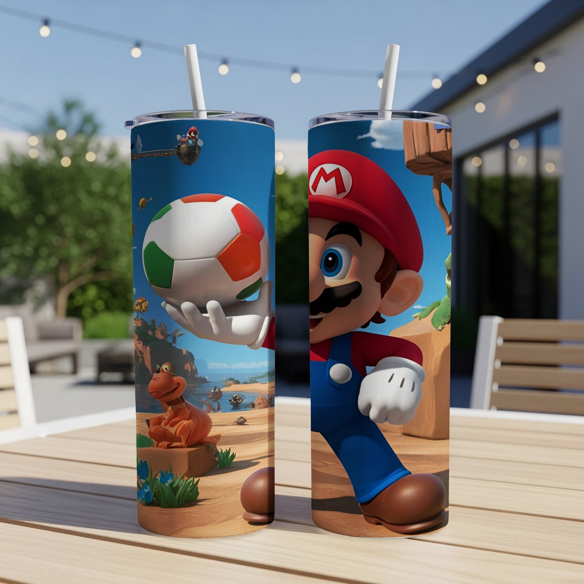 Mario holding a soccer ball, with a cartoon dinosaur and landscape background.