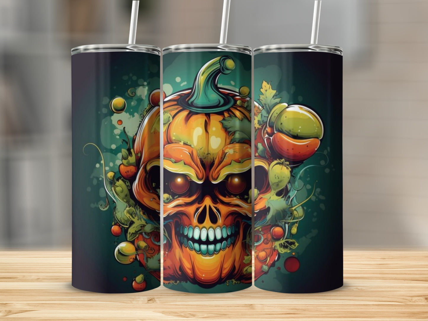 Pumpkin Skull Art Tumbler with Straw for Halloween Drinkware