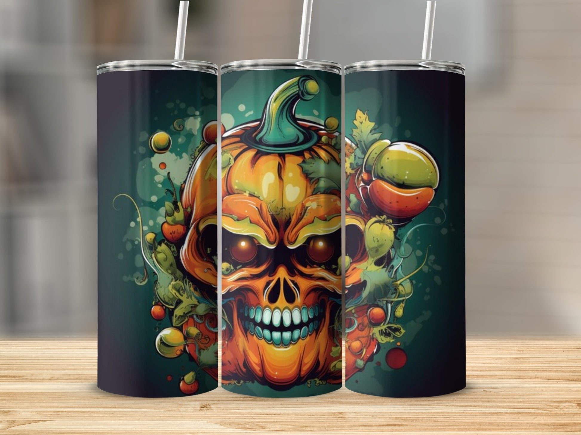 Pumpkin Skull Art Tumbler with Straw for Halloween Drinkware