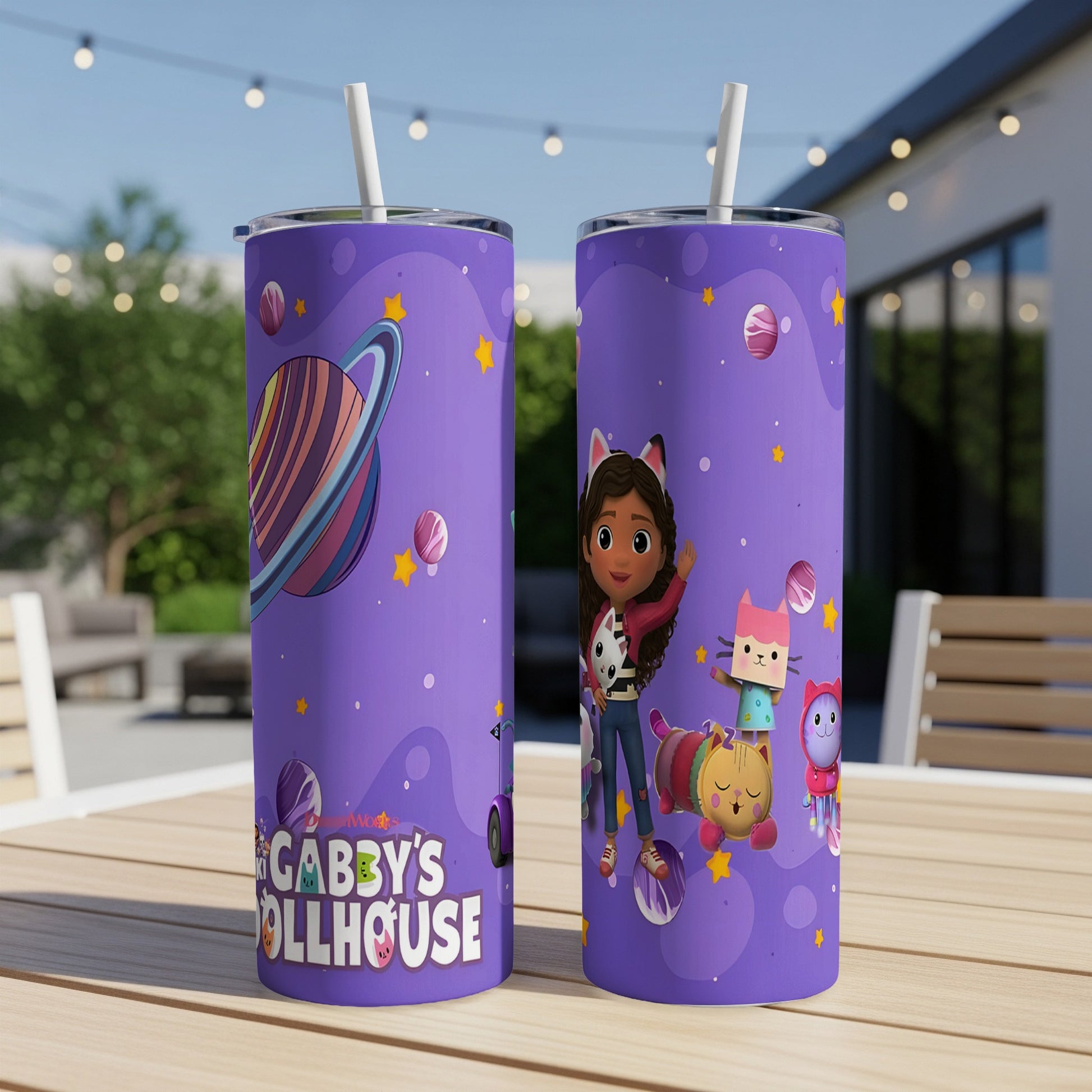 Gabby's Dollhouse purple tumbler with characters Gabby, Pandy Paws, and CatRat.