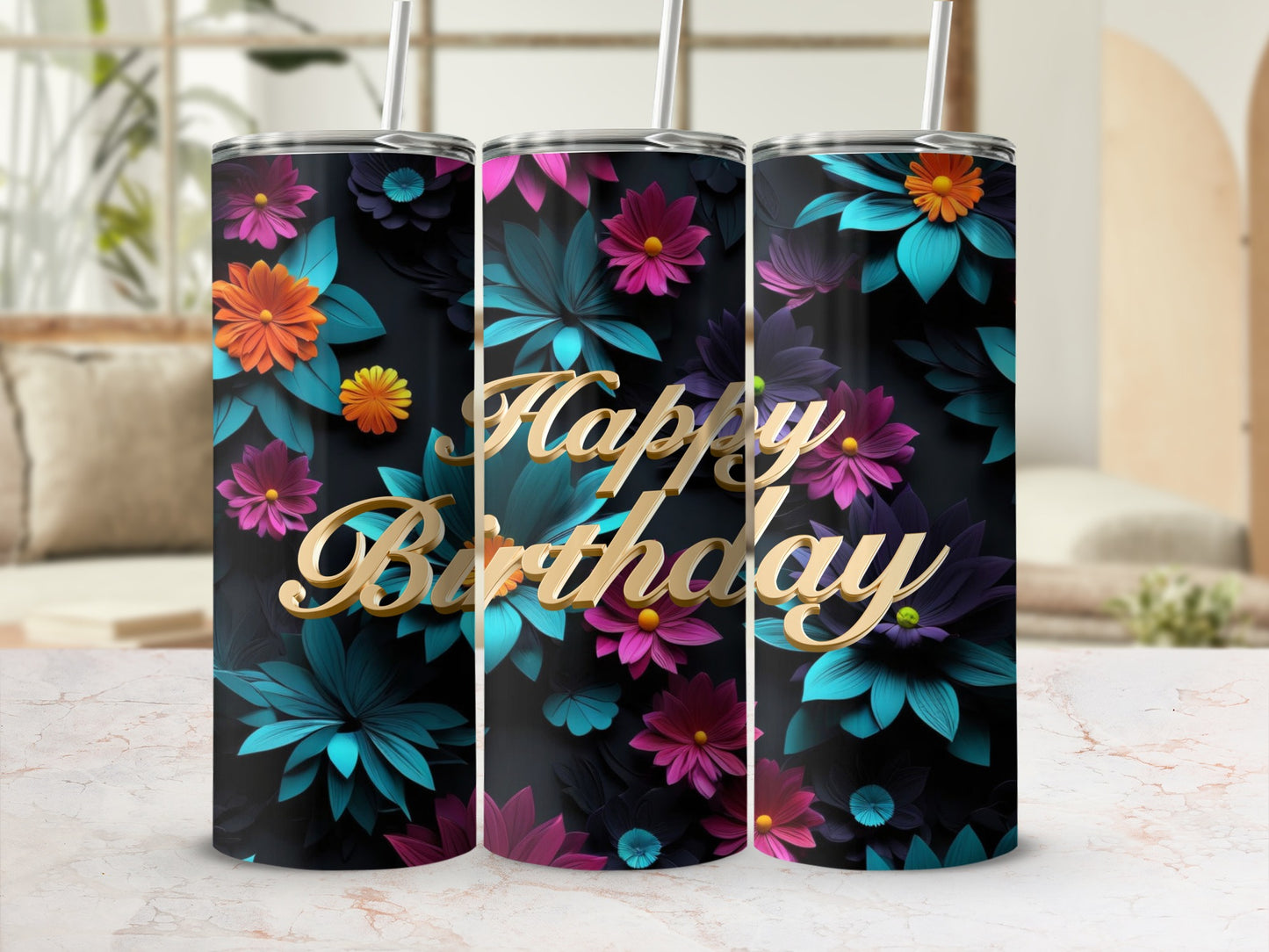 Happy Birthday tumbler with colorful floral pattern.