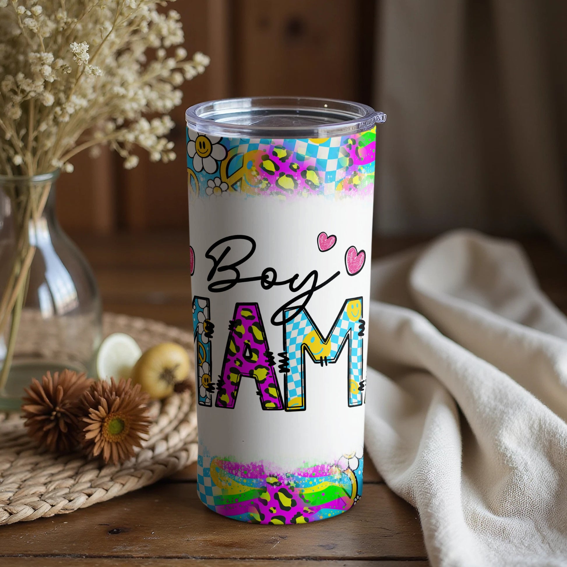 Colorful Boy Mama Quote Tumbler with Hearts Design