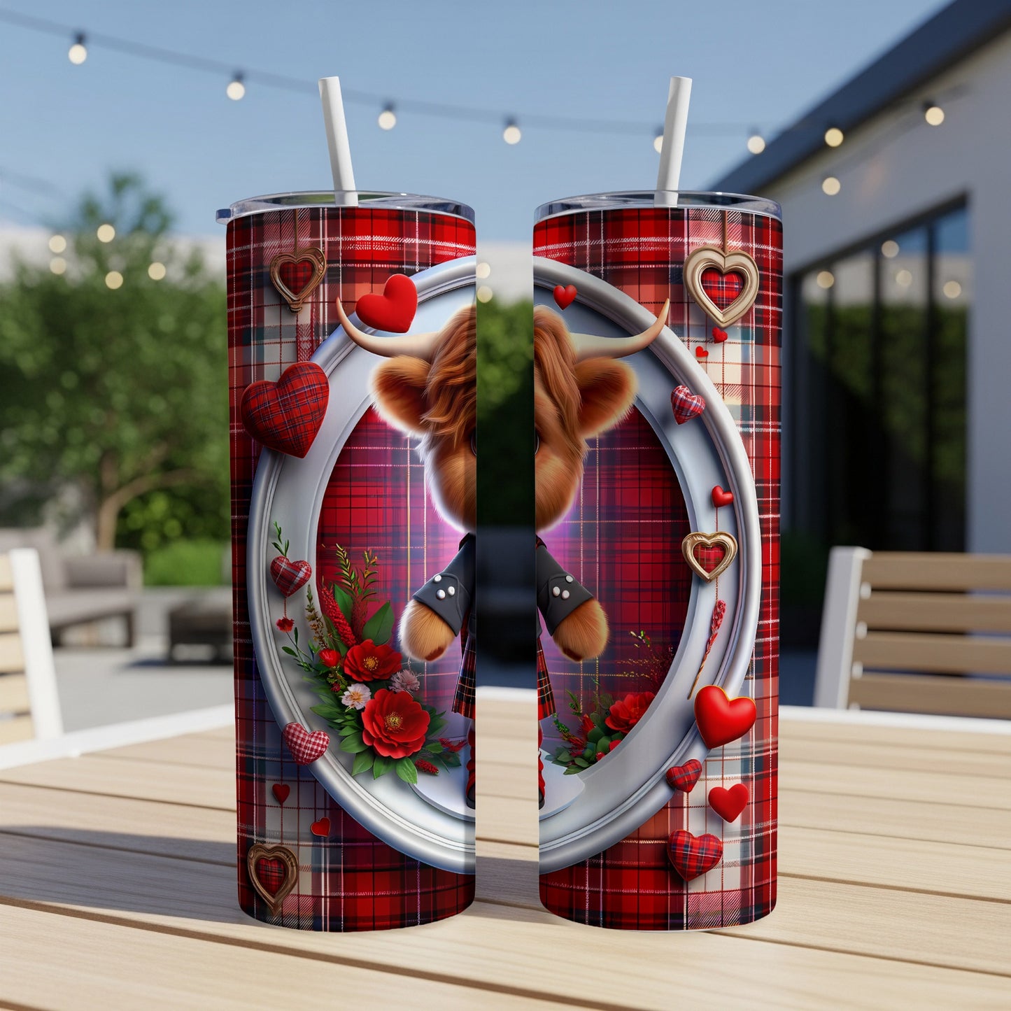 Highland cow with plaid heart frame and floral accents on two tumblers.