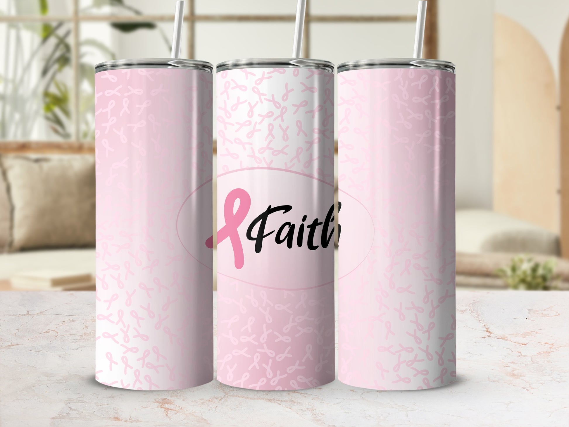 Pink ribbon pattern tumbler with "Faith" text and straw.