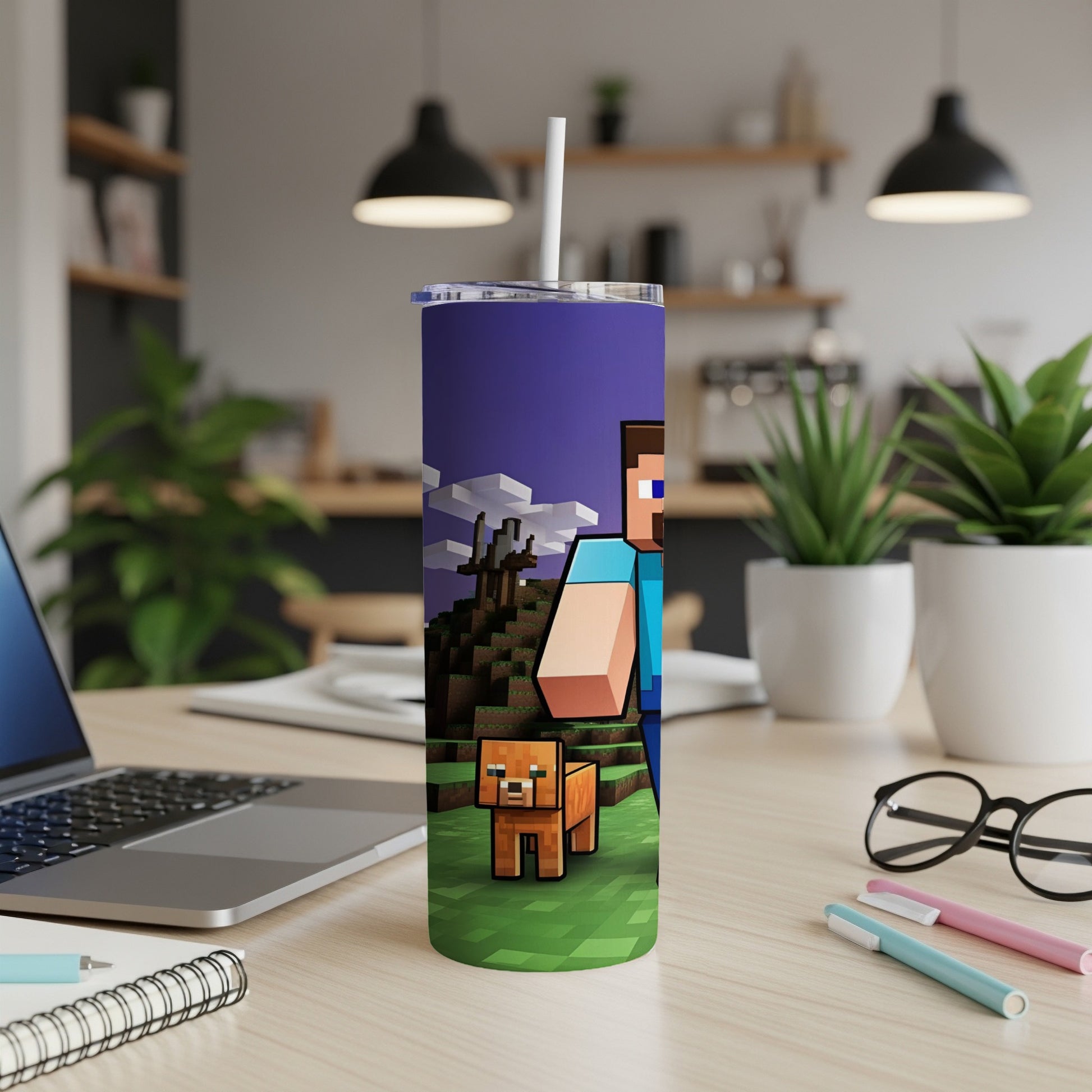 Minecraft characters Steve and a dog stand in a pixelated landscape.