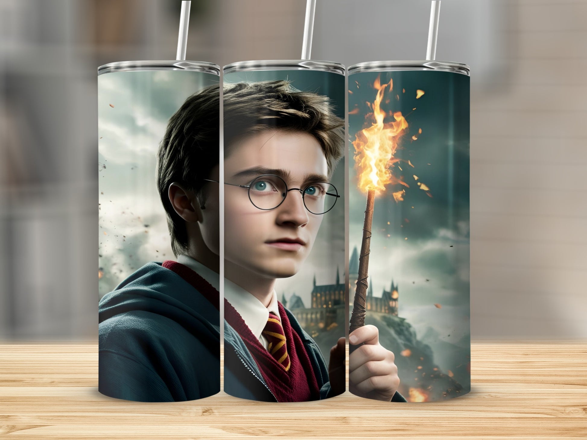 Harry Potter holding a wand with Hogwarts in background.