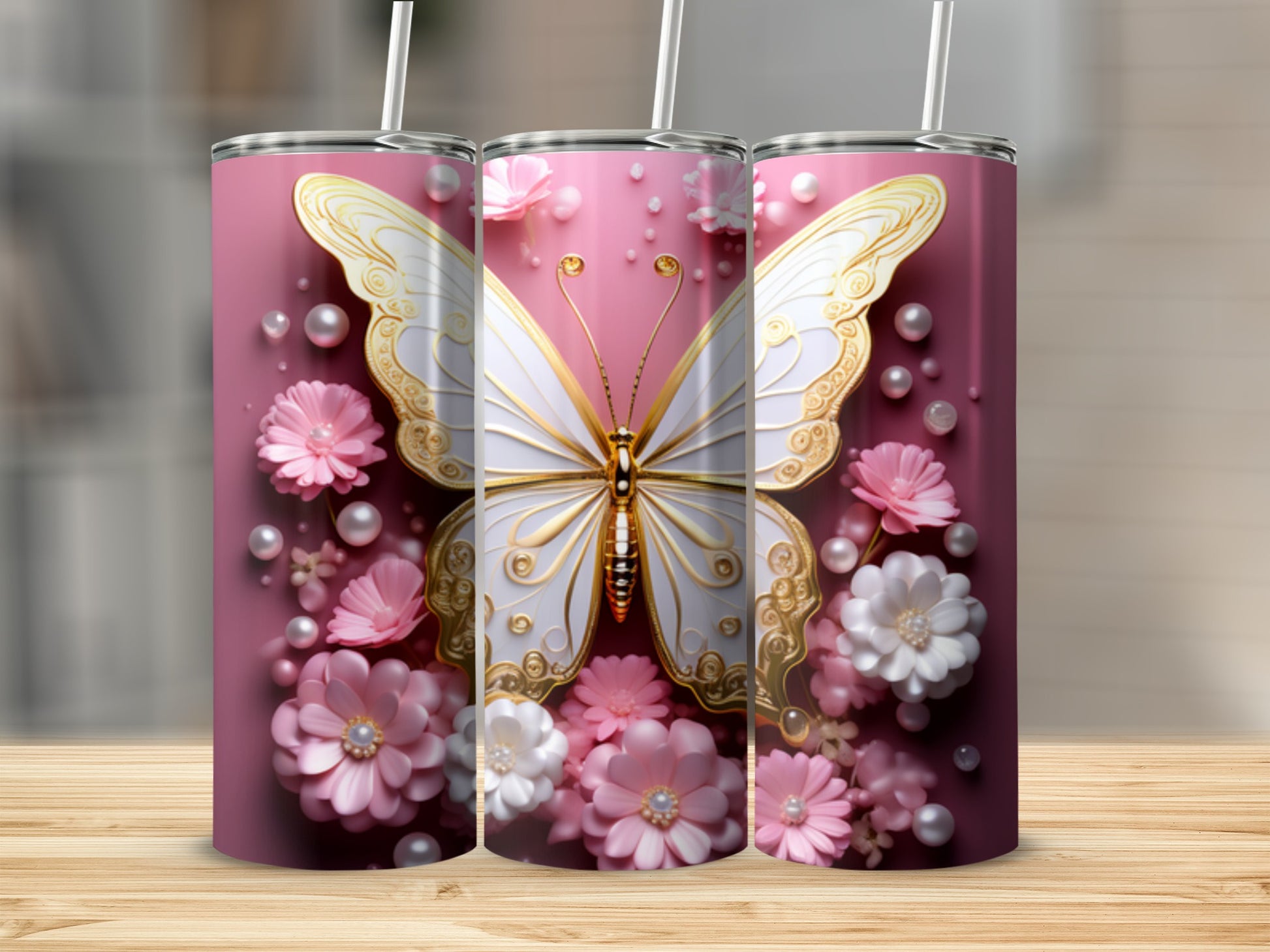 Pink tumbler with a white butterfly and floral embellishments.