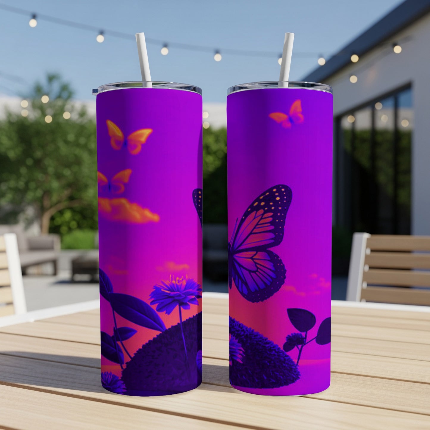Two purple tumblers with butterfly and flower design on a table outdoors.