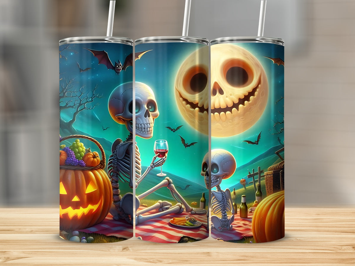 Halloween tumblers featuring skeletons, bats, and a spooky moon scene.