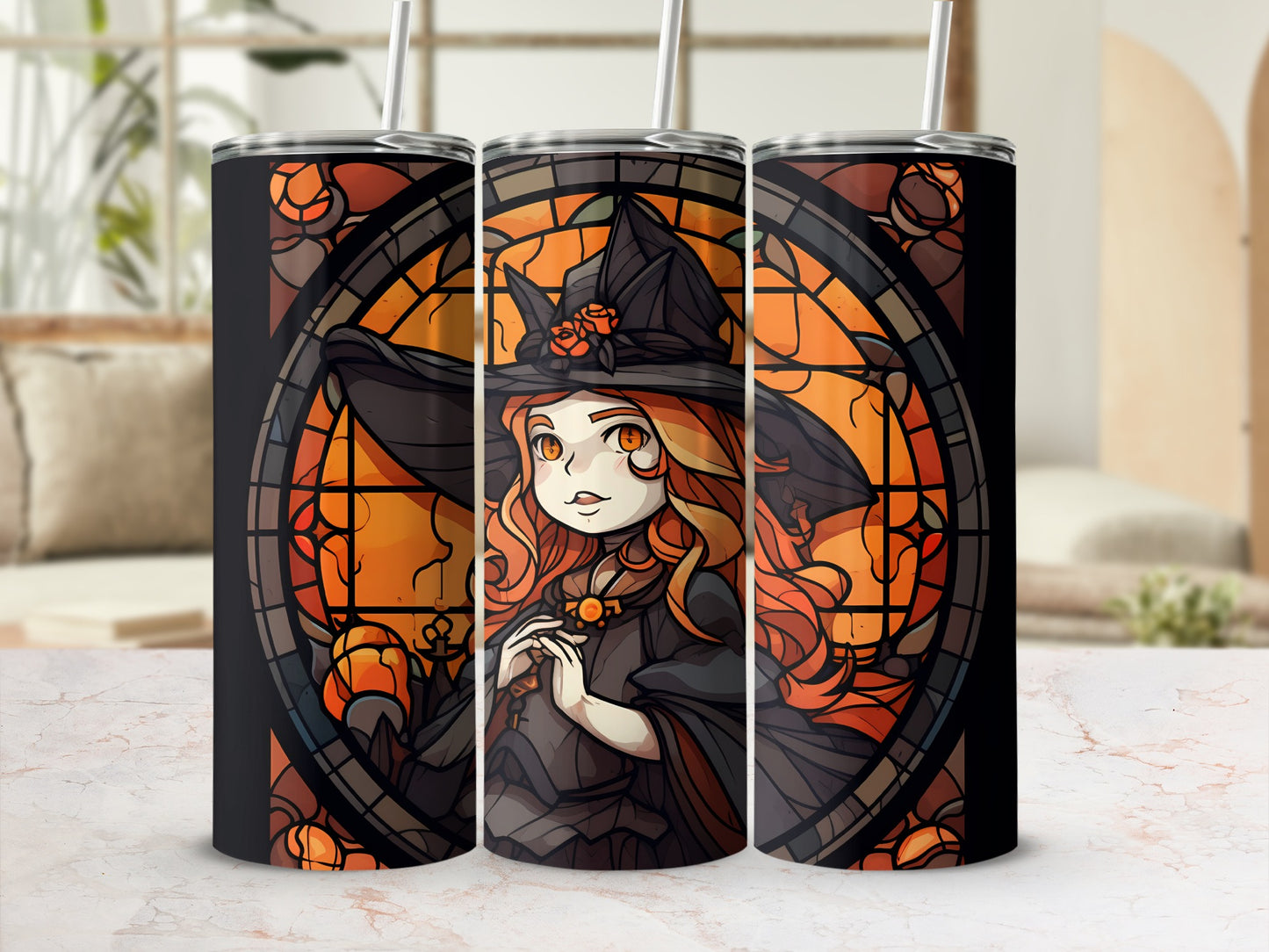 Three tumblers featuring a witch in stained glass style, with floral and moon motifs.
