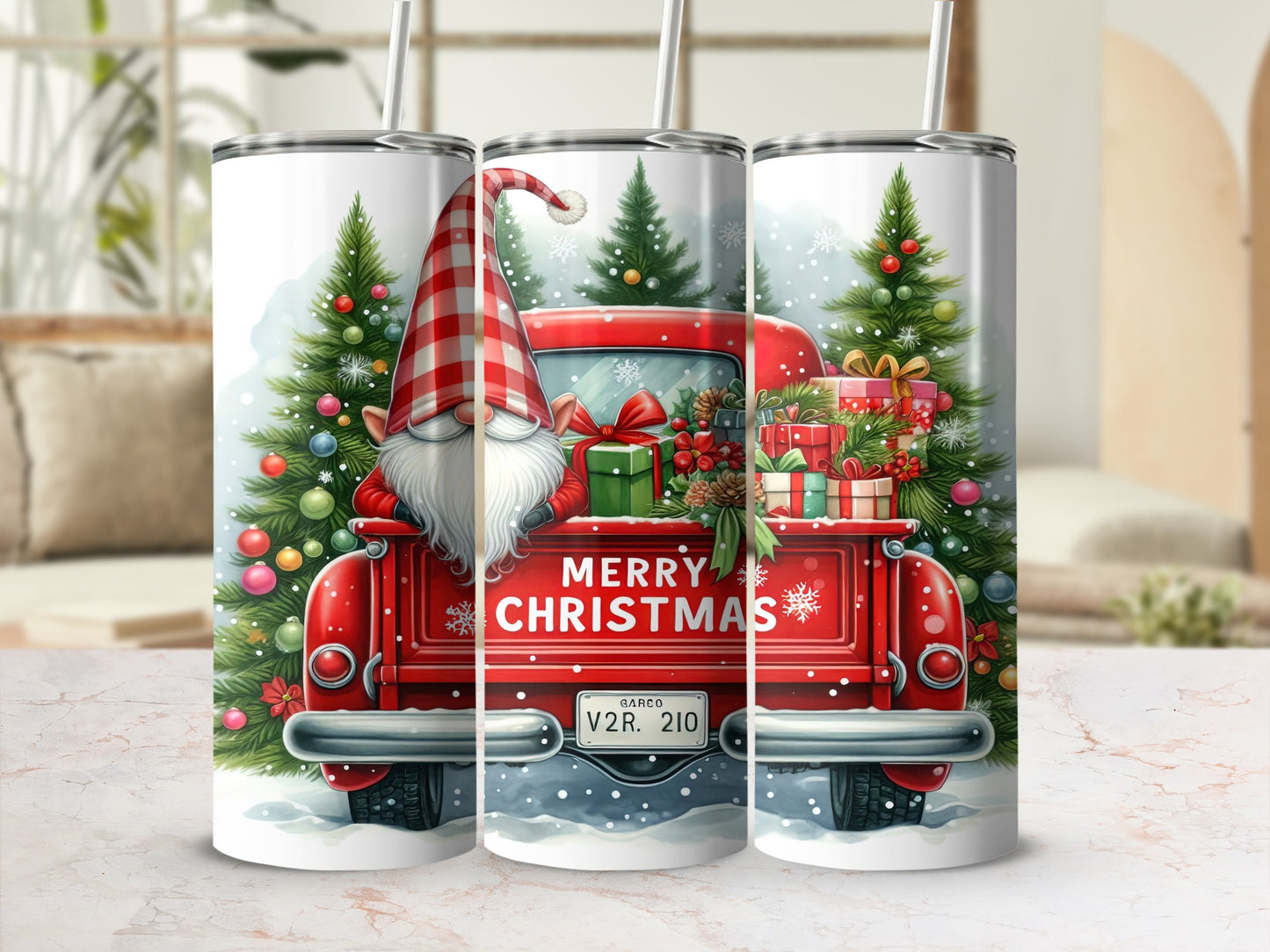 Red truck with gifts and gnome, "Merry Christmas" text on tailgate.