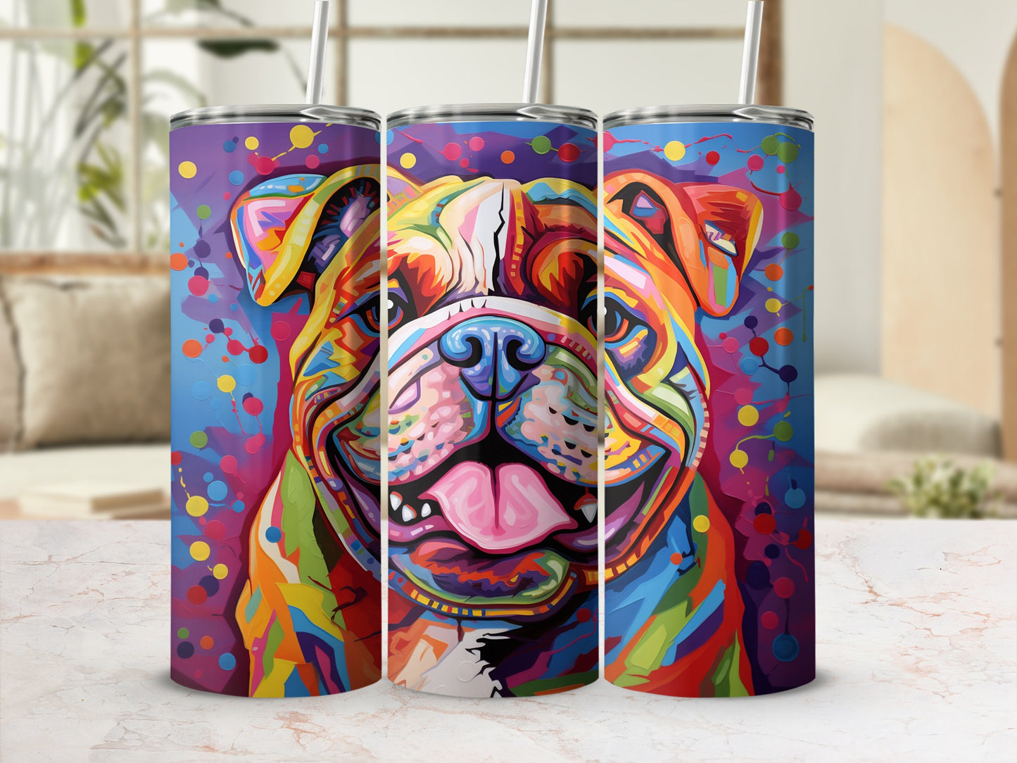 Colorful bulldog illustration with a cheerful expression on a purple background.