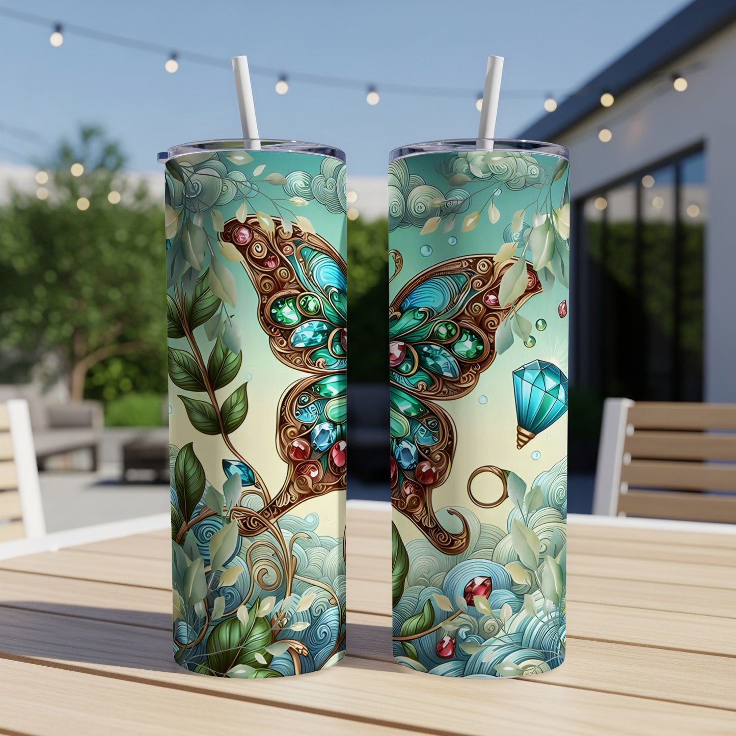 Two tumblers featuring a jeweled butterfly with floral accents.