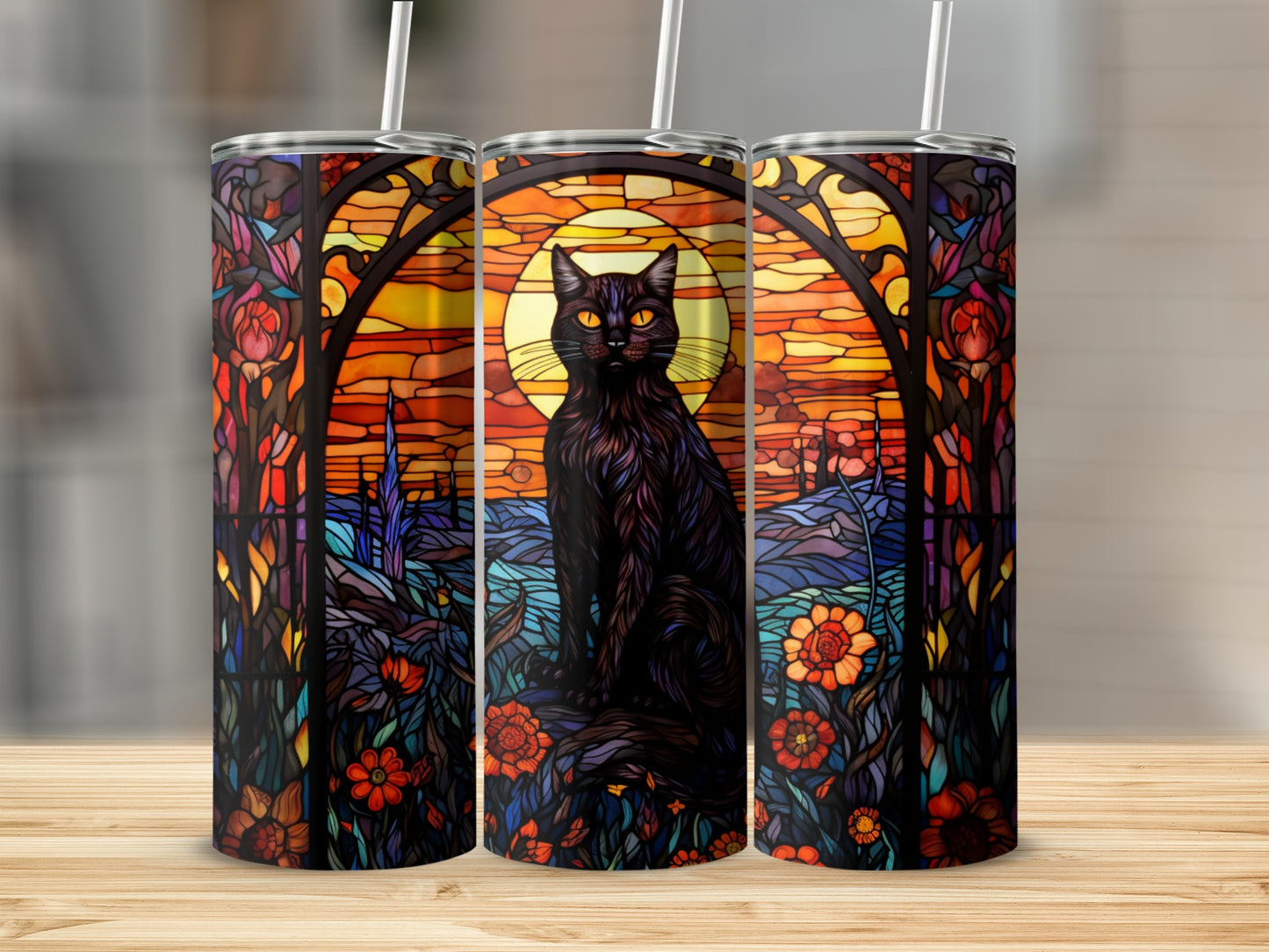 Three tumblers with a black cat in stained glass design.