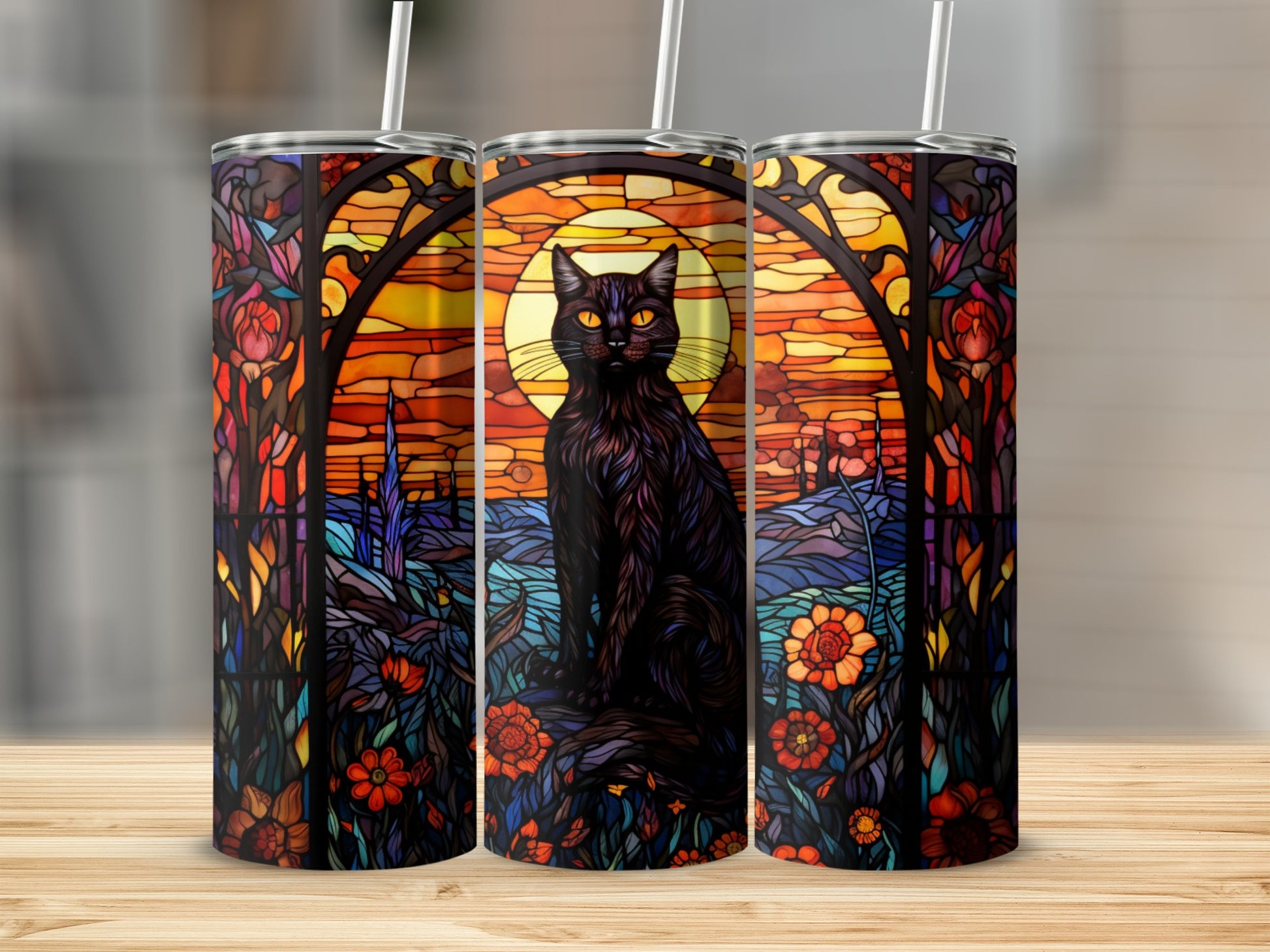 Three tumblers with a black cat in stained glass design.
