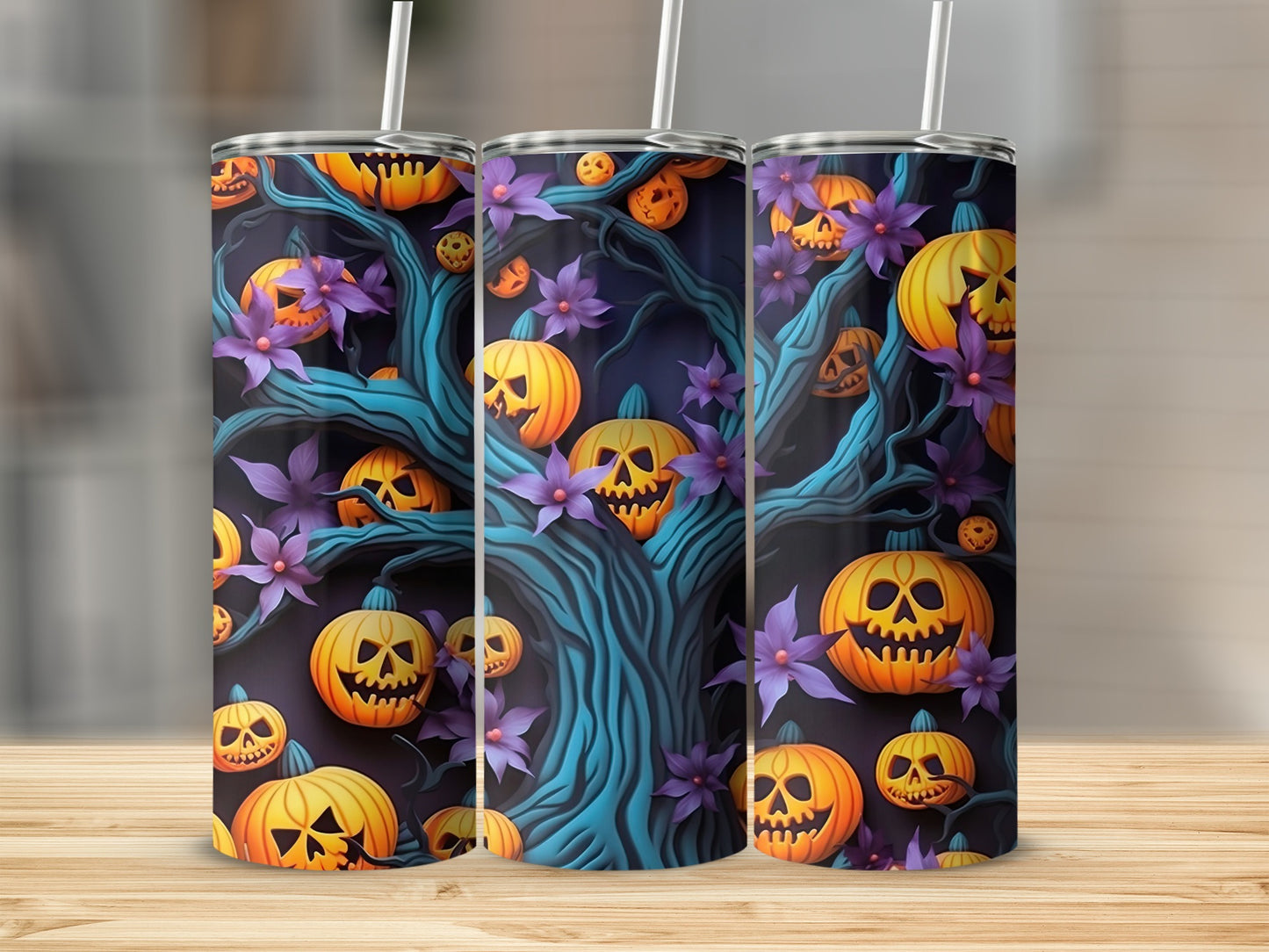 Three tumblers with a Halloween design of jack-o'-lanterns and purple flowers on a dark background.