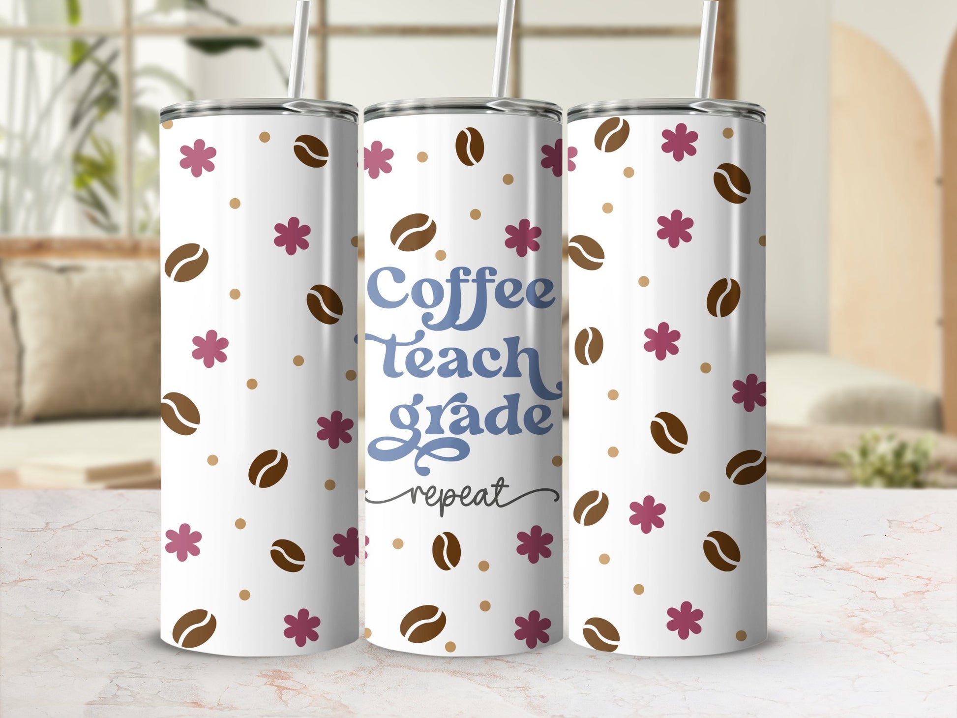 Coffee Teach Grade repeat tumbler with floral and coffee bean pattern.