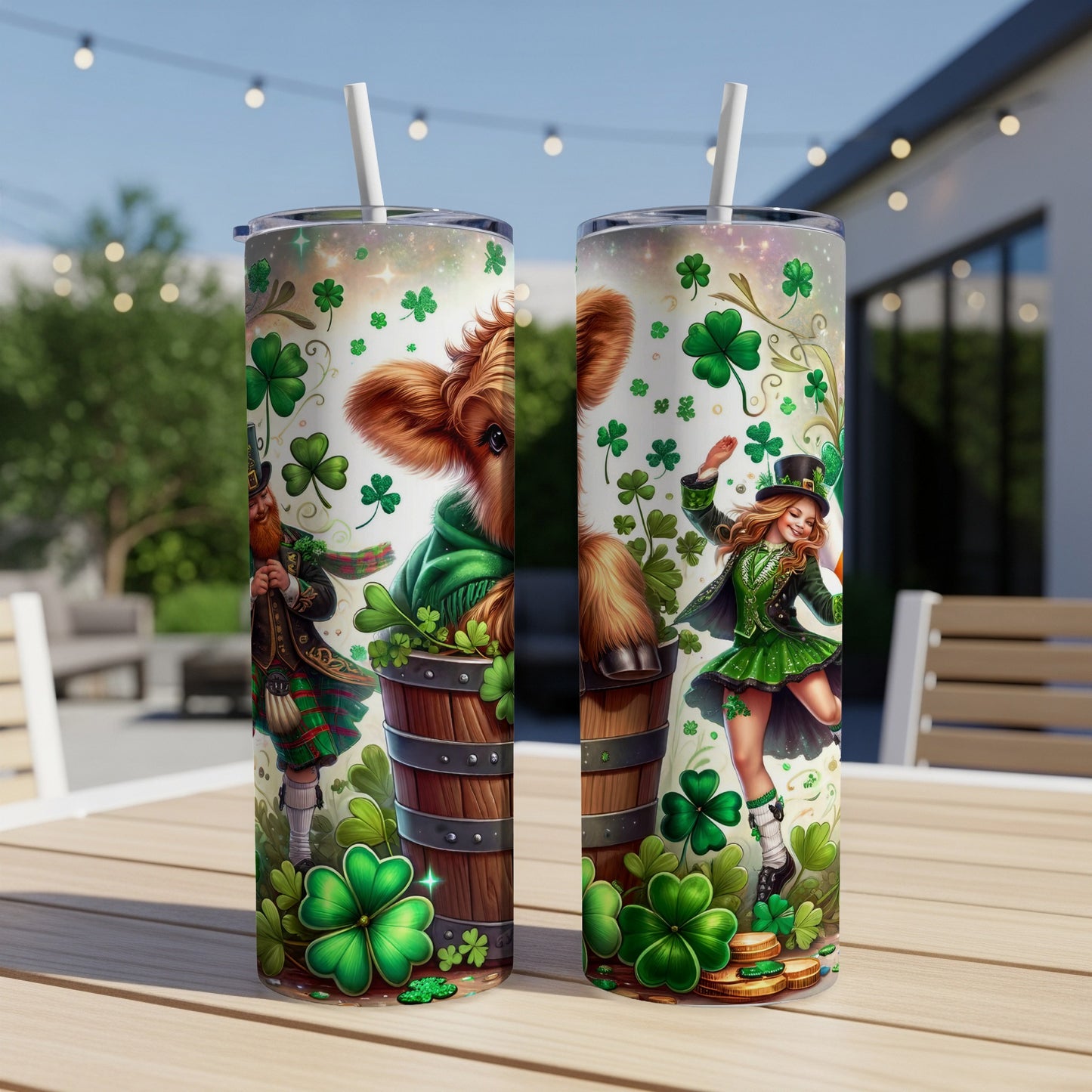 Two St. Patrick's Day themed tumblers with shamrocks and leprechaun figures.