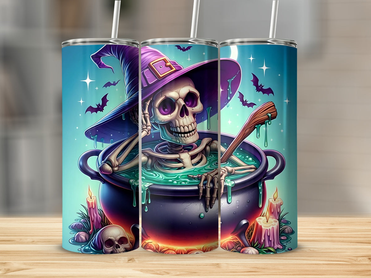 Skeleton in cauldron with witch hat, bats, candles, and skulls design on tumblers.