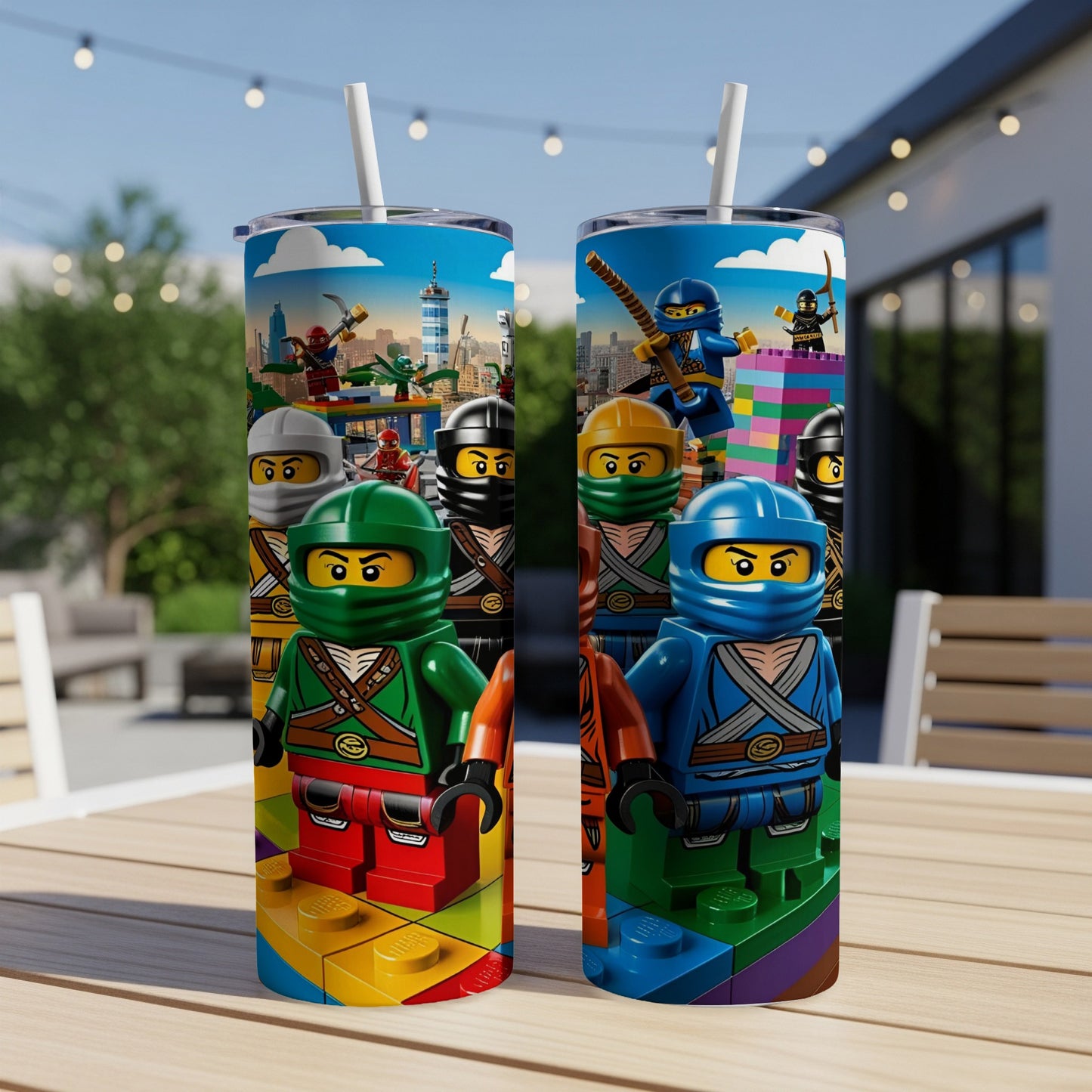 Two Ninjago Lego character tumblers with straw, featuring characters in green, black, orange, and blue.
