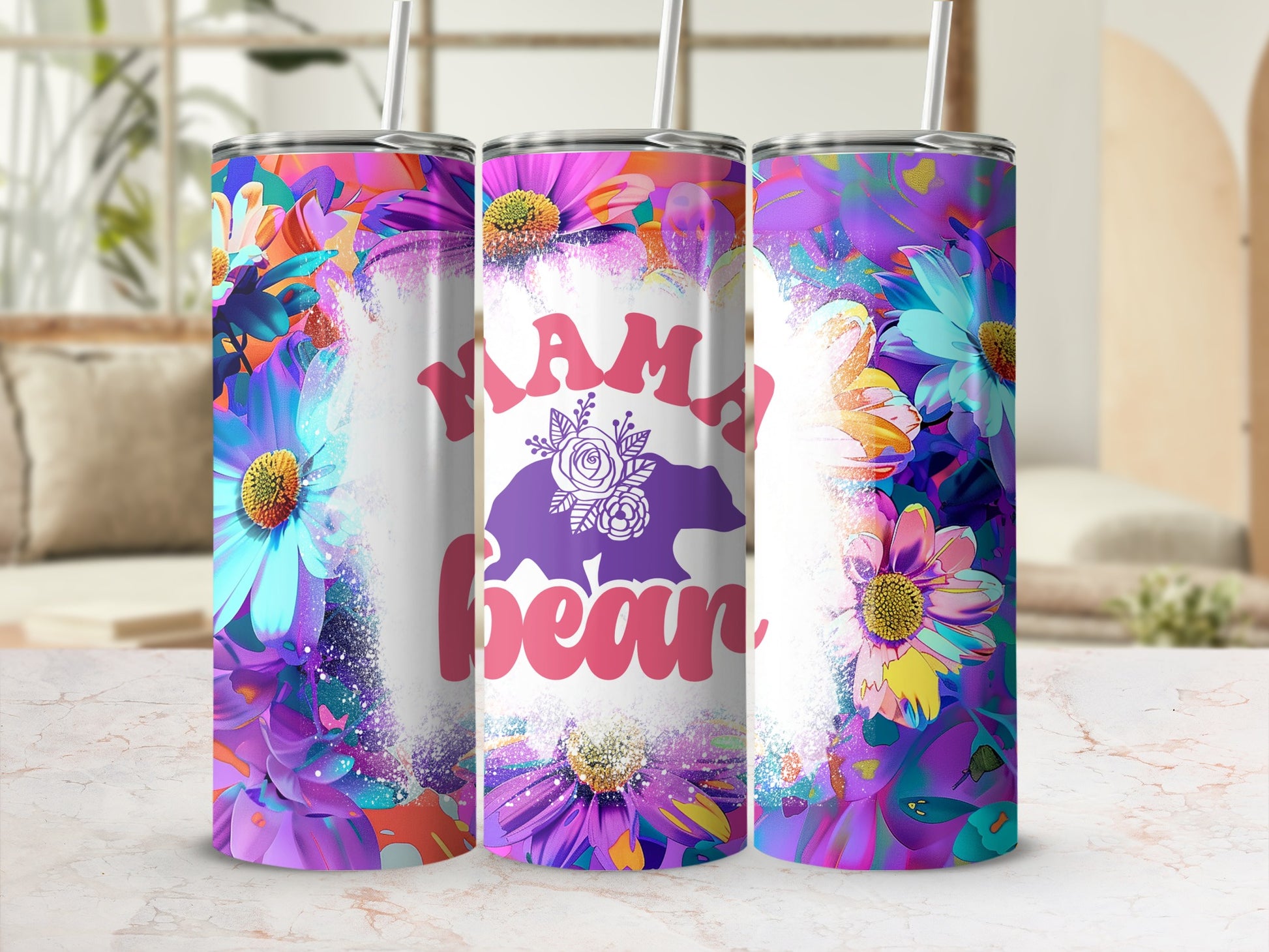Vibrant Floral Mama Bear Design Tumbler for Moms
