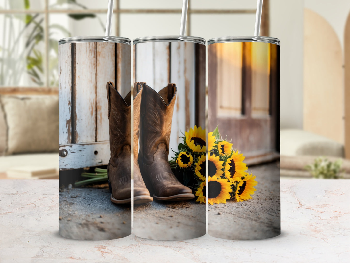 Cowboy boots and sunflowers in front of weathered wooden doors.