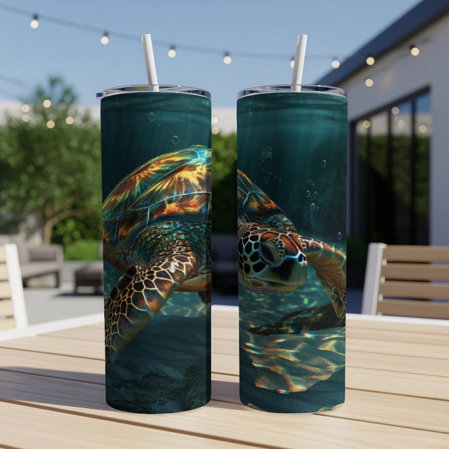 Two tumblers with sea turtle graphics, set on a table outdoors.