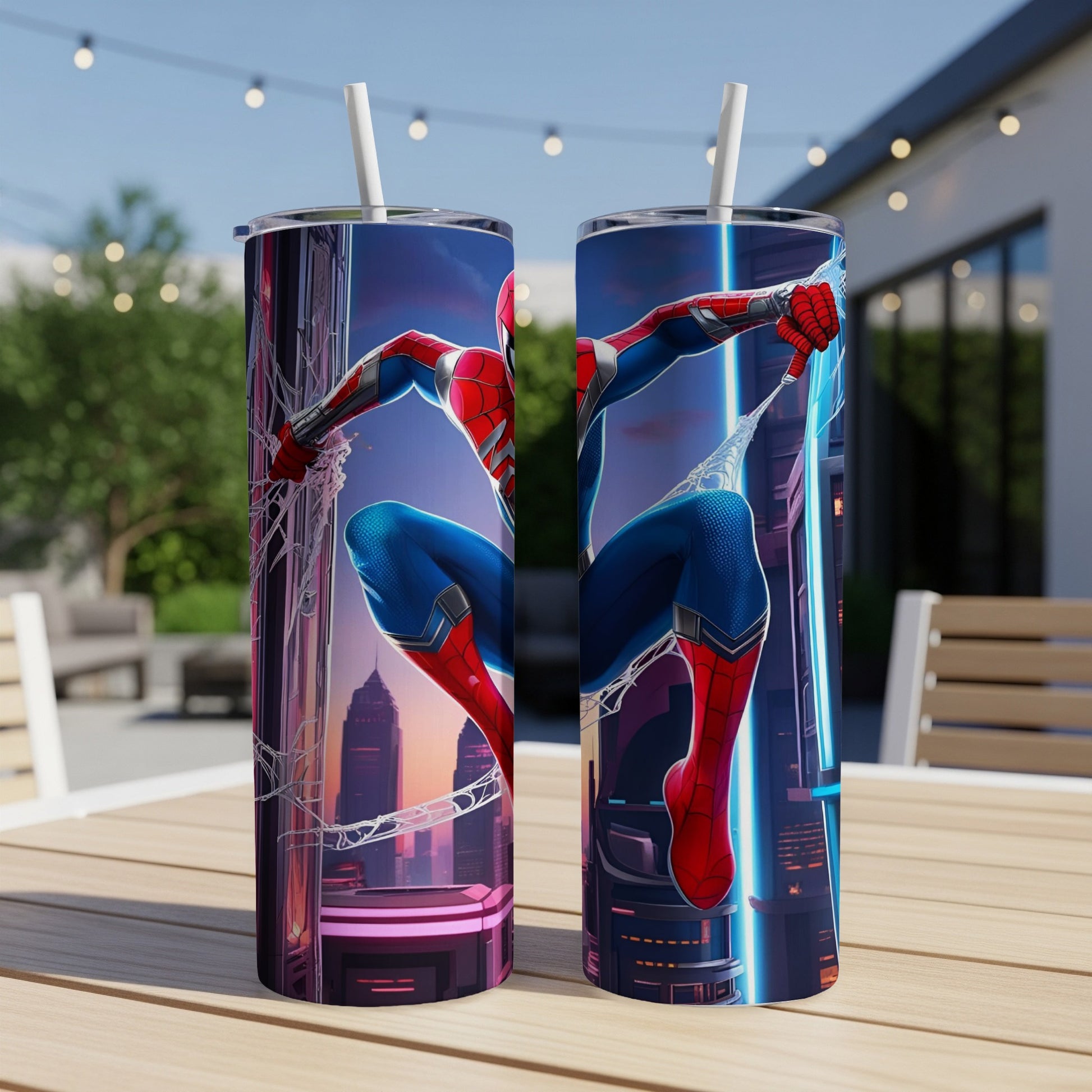 Spider-Man in red and blue suit swings on web with city backdrop.