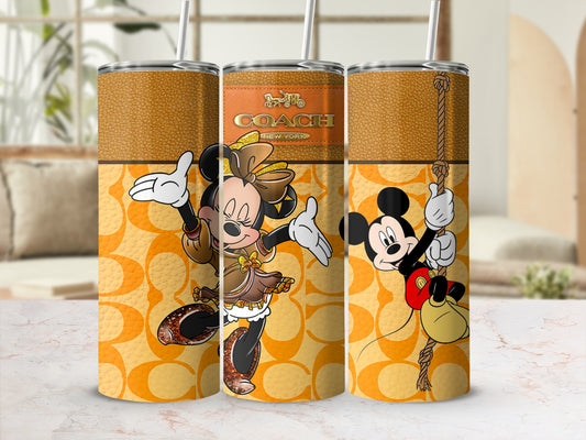Three tumblers with Minnie and Mickey Mouse, Coach logo, and C pattern.