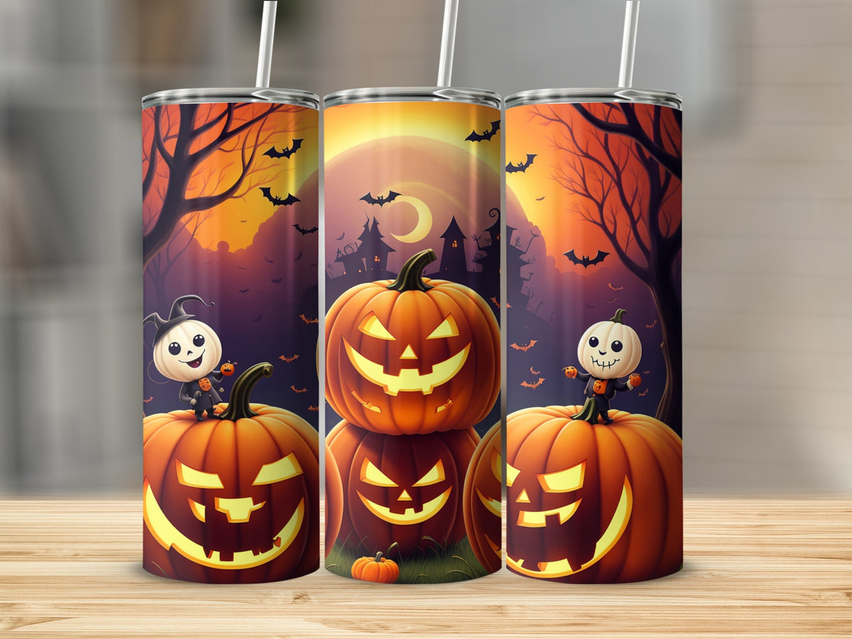 Three Halloween tumblers with jack-o'-lanterns, bats, and spooky trees.