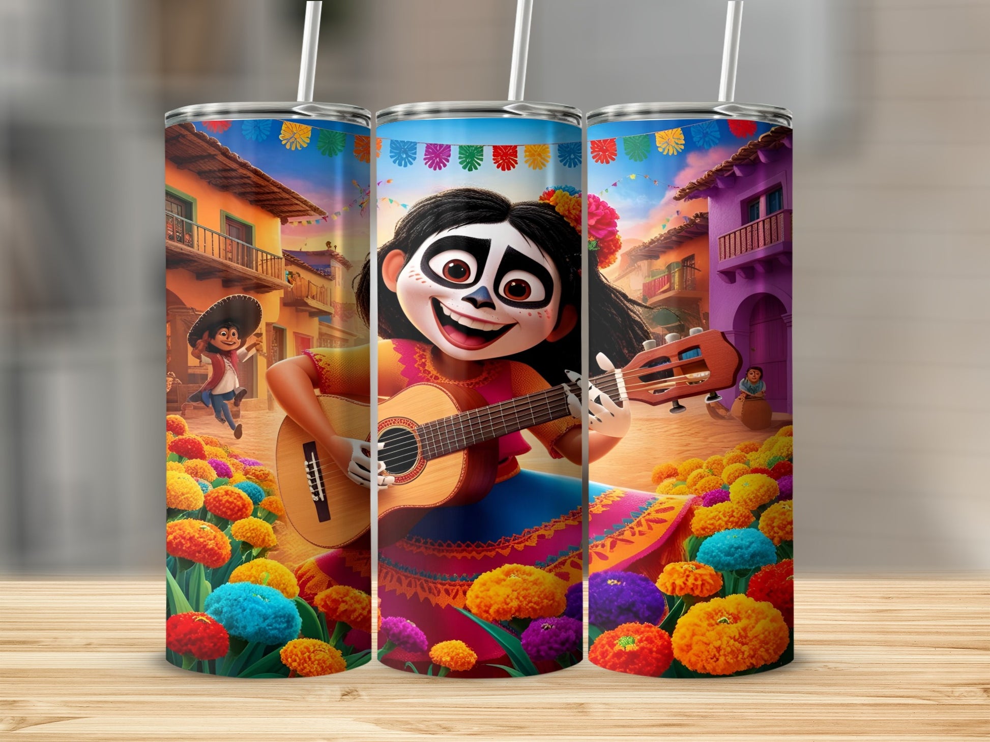 Character from Coco playing guitar with colorful flowers and buildings.