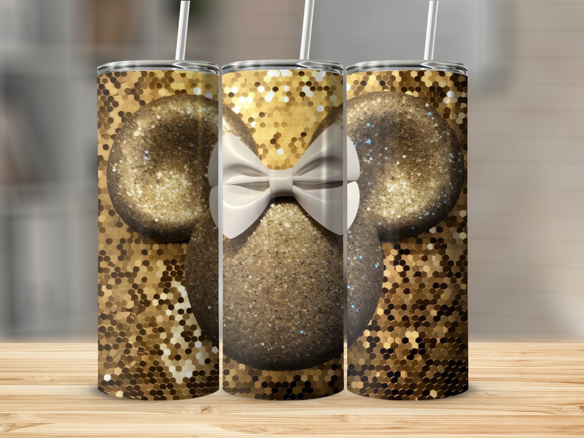 Glittery Bow Golden Mouse Ears Tumbler Design