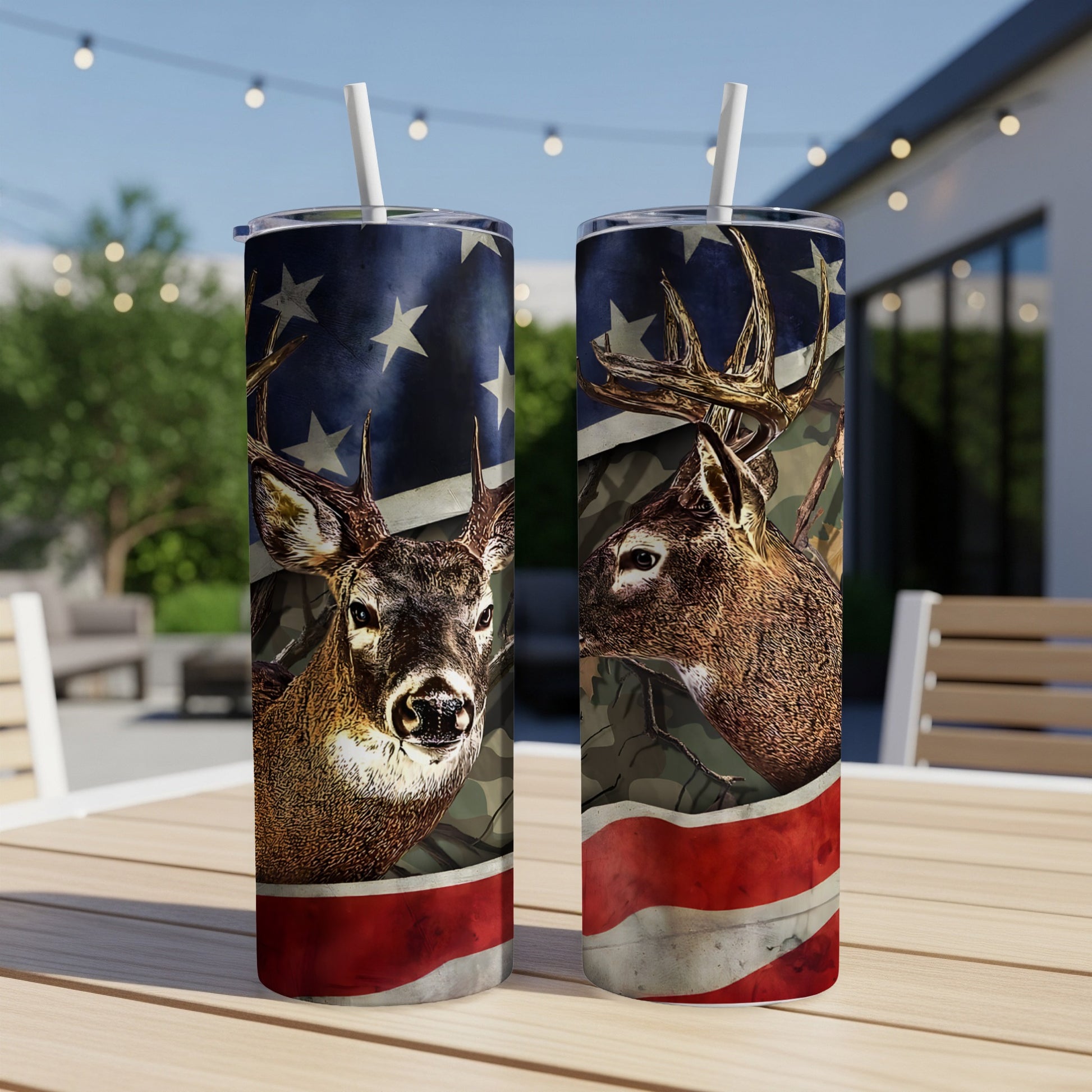 Deer portrait on patriotic tumbler with American flag and camouflage design.