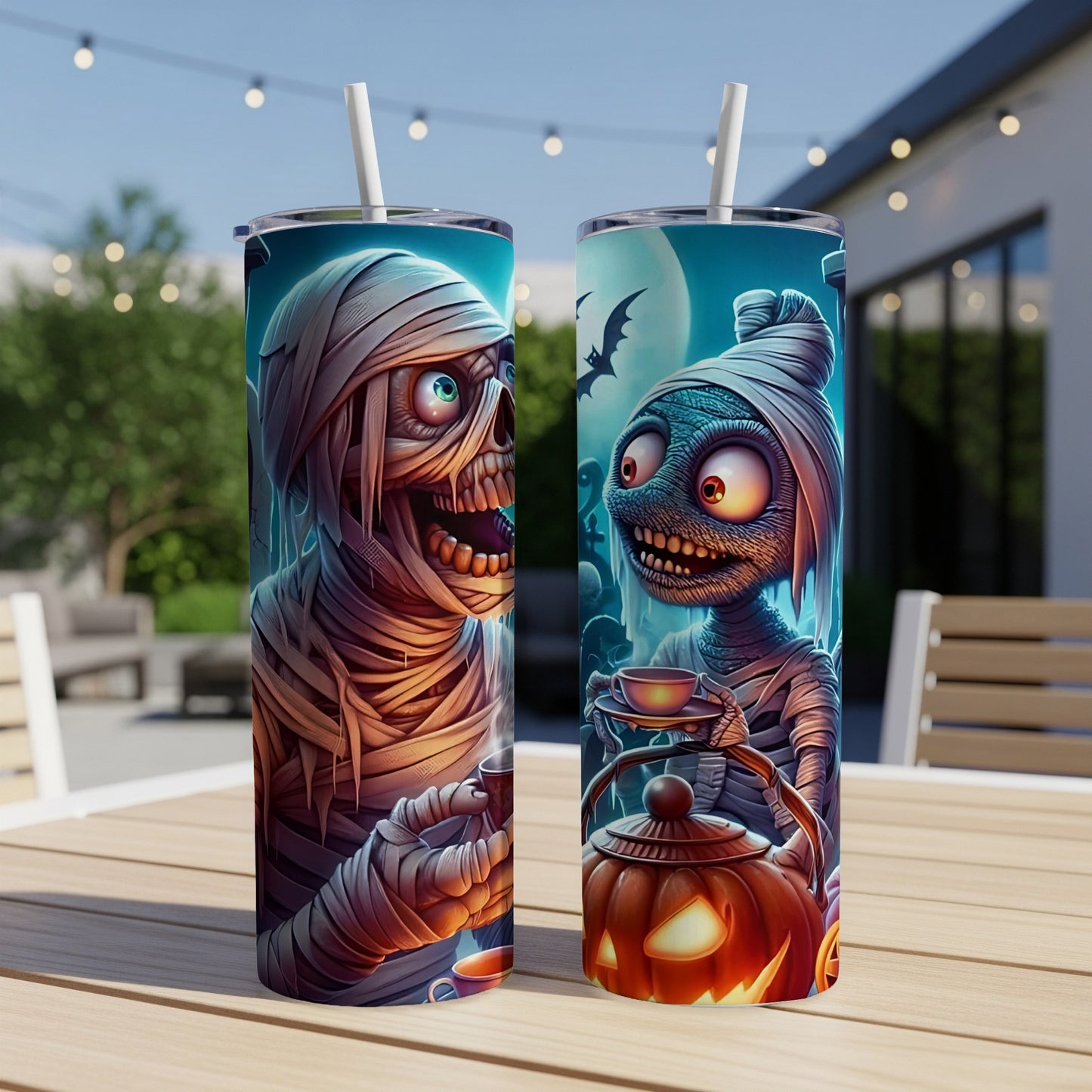 Two tumblers feature cartoon mummies with coffee cups and a jack-o'-lantern.